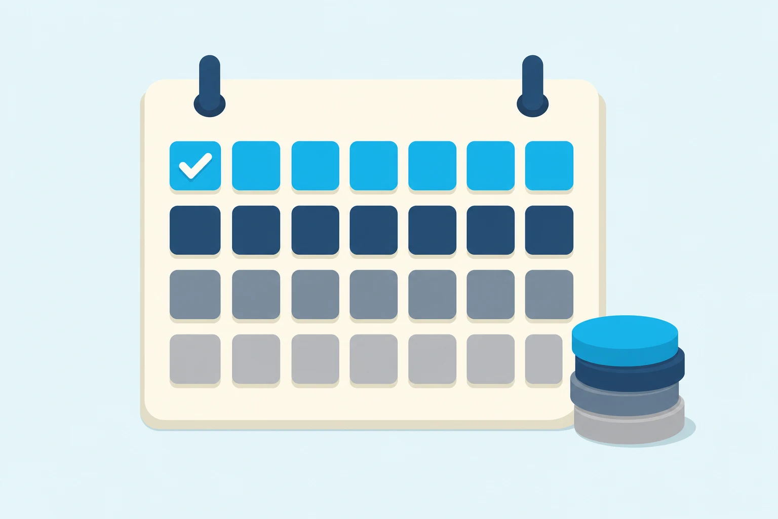 Flat illustration of a four-week wall calendar: the top row of day tiles is Poker Skill cyan with a white checkmark in the first tile, the three rows below are navy and grey, and a small stack of plain chips sits beside the calendar.