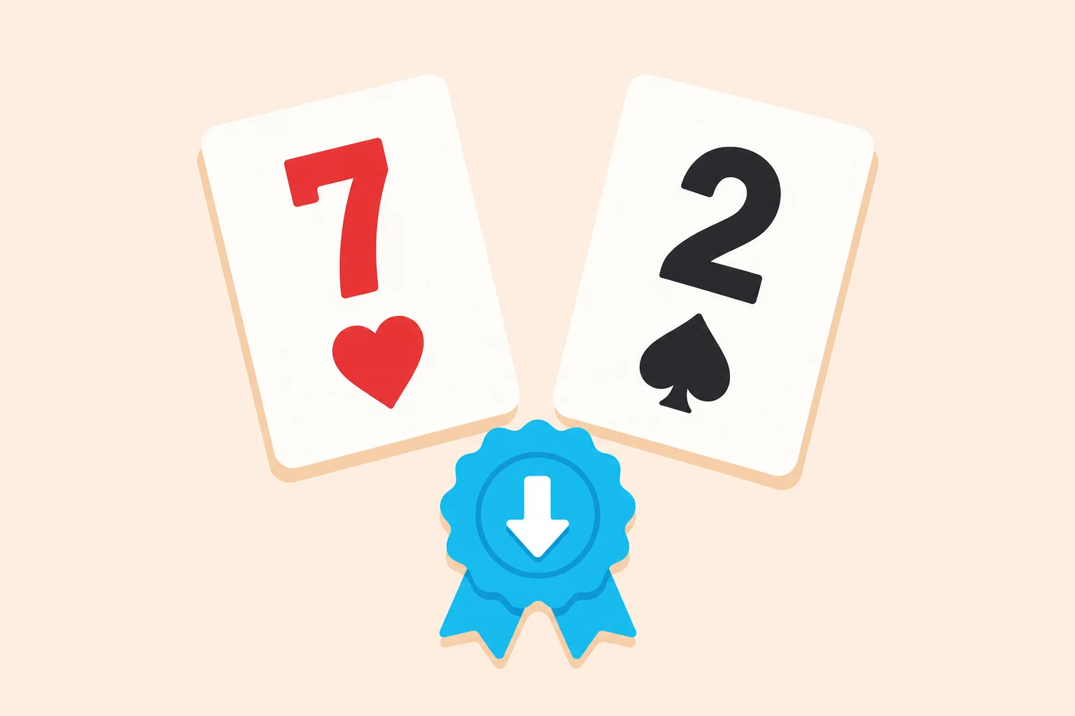 Flat illustration on a pale peach wash: a seven of hearts and a two of spades leaning away from each other, with a chunky cyan award ribbon below them carrying a white downward arrow, marking poker's last-place hand.