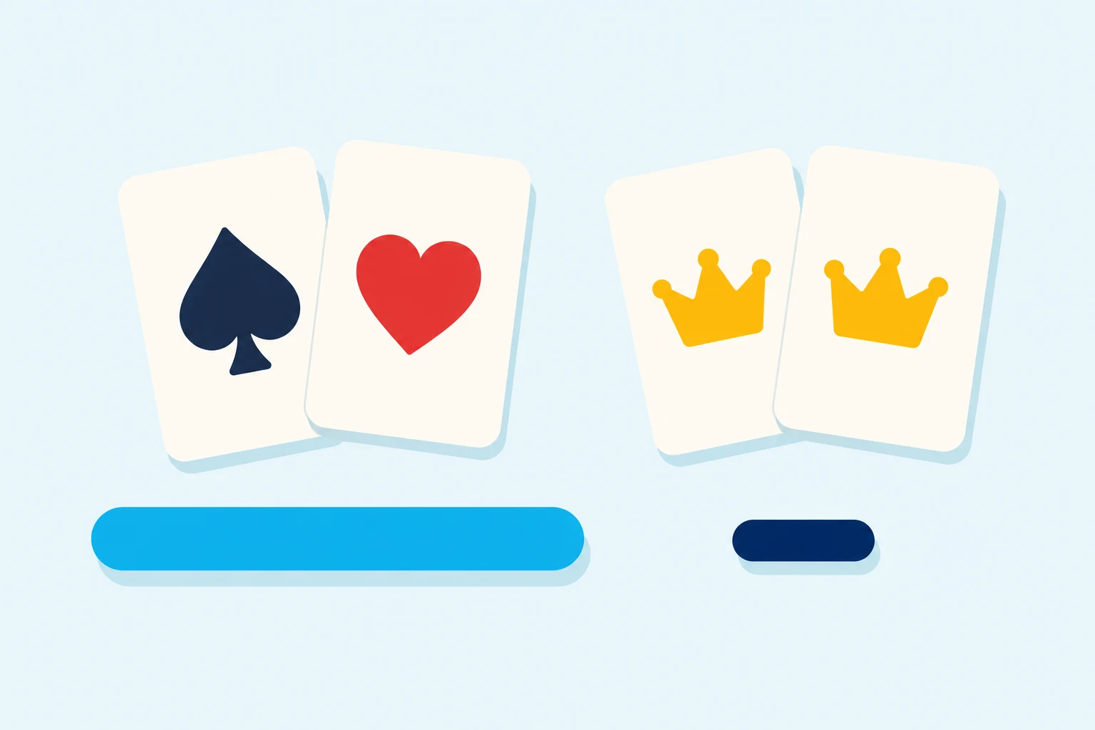 Flat illustration of two poker hands facing off: on the left two cream cards showing a navy spade and a red heart, on the right two cream cards showing mustard crowns, with a long cyan bar beneath the left pair and a much shorter navy bar beneath the right pair.