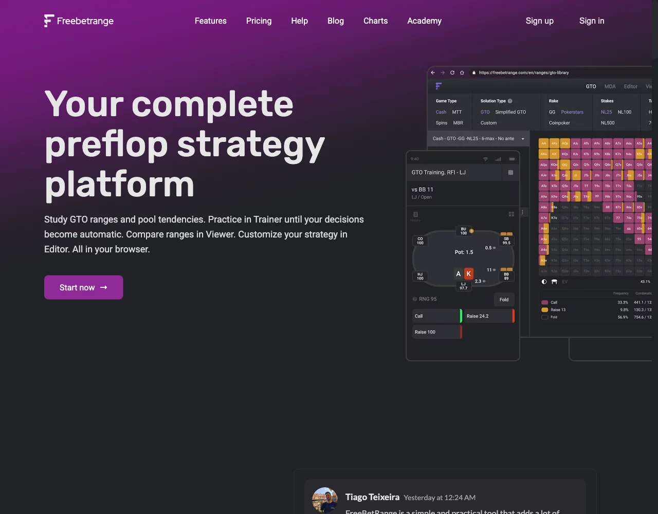 FreeBetRange homepage headed Your complete preflop strategy platform: a phone trainer screen dealing ace-king to the lojack with call, raise and fold buttons, in front of a browser window of its GTO range library for 6-max cash.