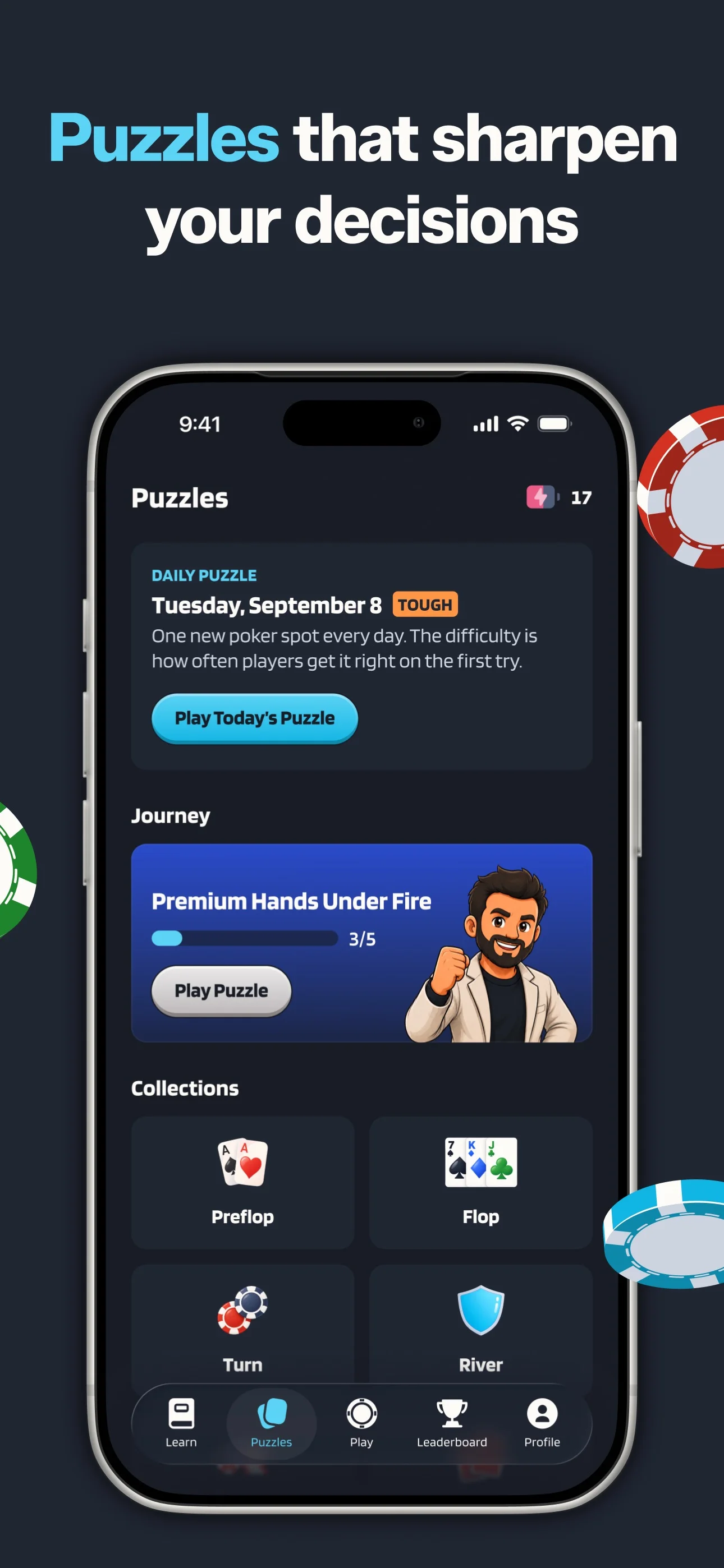 Poker Skill App Store screenshot of the Puzzles tab: a Daily Puzzle card for Tuesday, September 8 marked Tough, a Journey card and a Collections shelf with Preflop, Flop, Turn and River.