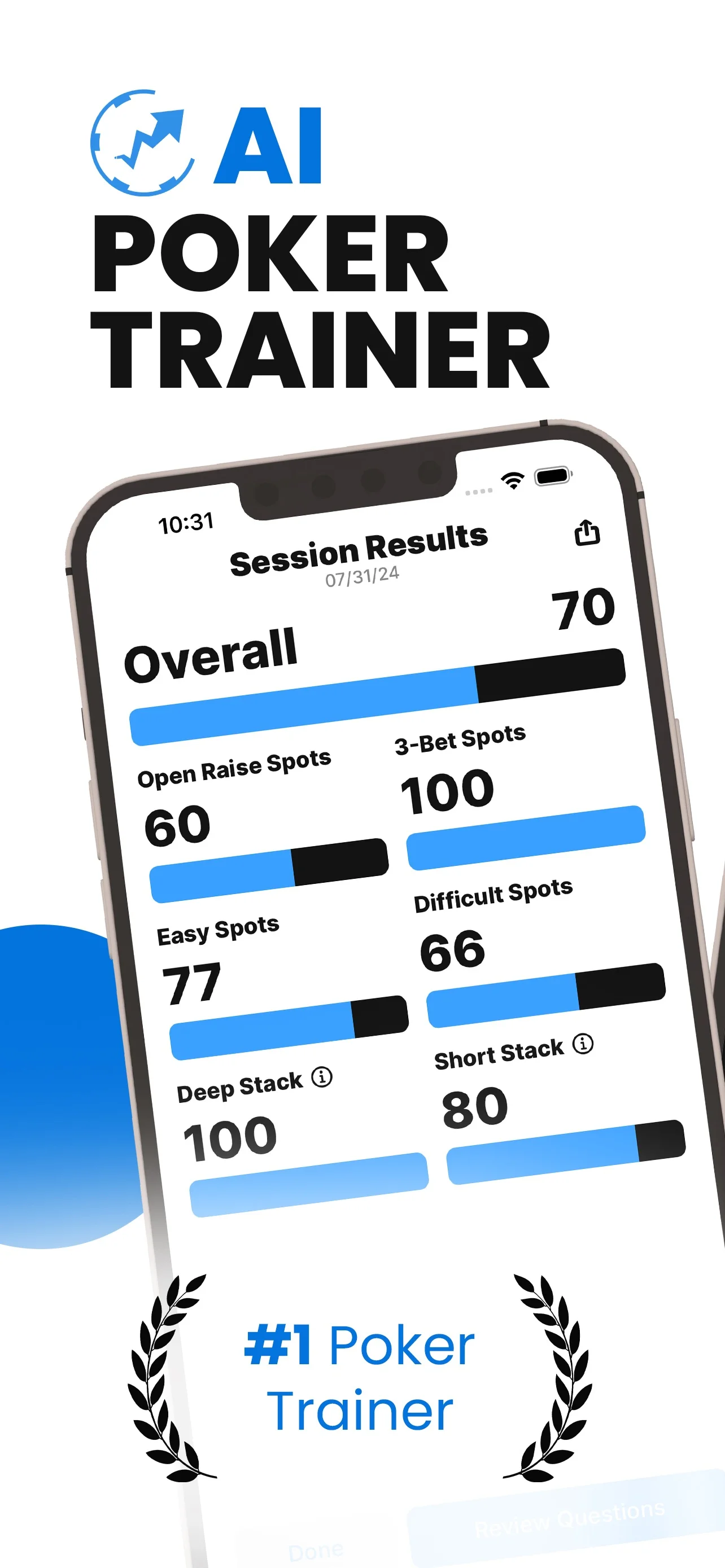 Preflop Wizard App Store screenshot of a Session Results screen: an overall score of 70, with open raise spots at 60, 3-bet spots at 100, easy spots at 77, difficult spots at 66, deep stack at 100 and short stack at 80.