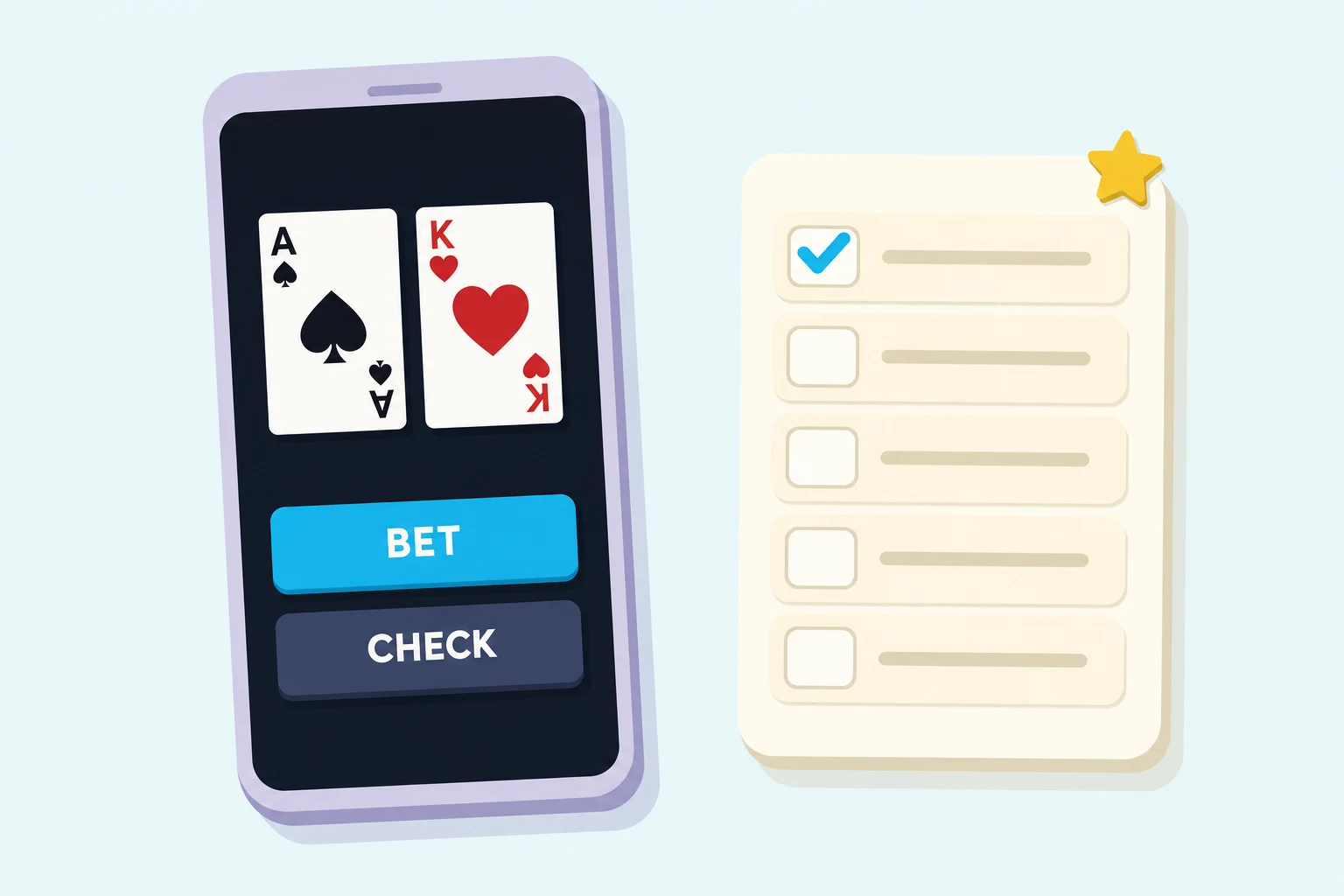 Flat pastel illustration of a smartphone with a lavender bezel and dark navy screen showing an ace of spades and king of hearts above a cyan BET button and a navy CHECK button, beside a cream checklist card with five rows where the top row is ticked with a cyan check mark and a small yellow star sits on the card's corner.