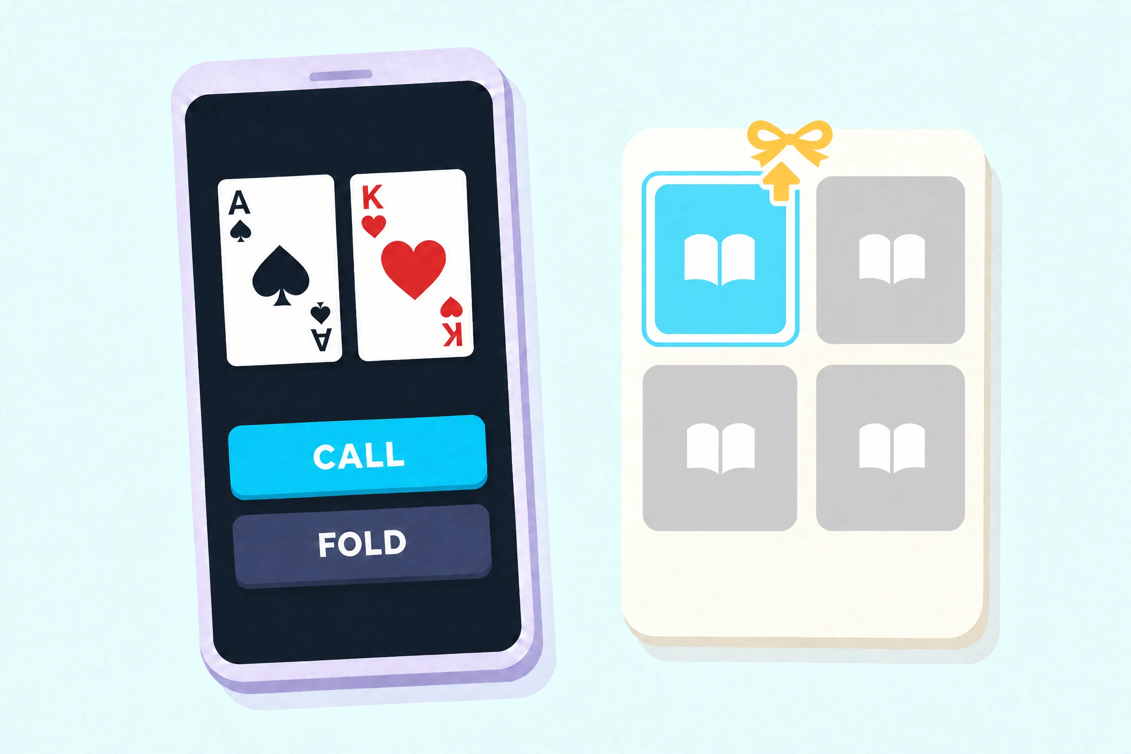 A phone showing the ace of spades and the king of hearts above a cyan Call button and a dark Fold button, beside a cream card holding four app tiles with an open book on each, the top-left tile cyan with a gold arrow under a gold gift bow.