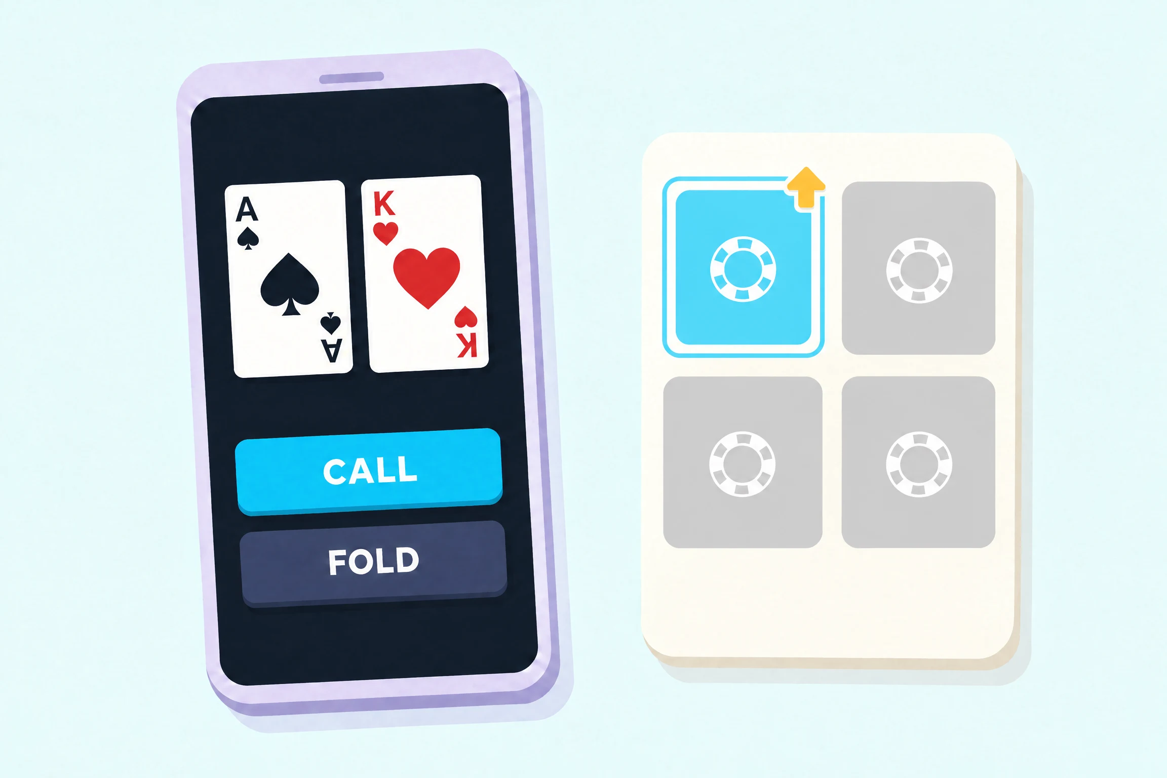 A phone showing the ace of spades and the king of hearts above a cyan Call button and a dark Fold button, beside a cream card holding four app tiles with a poker chip on each, the top-left tile cyan and marked with a small gold upward arrow.