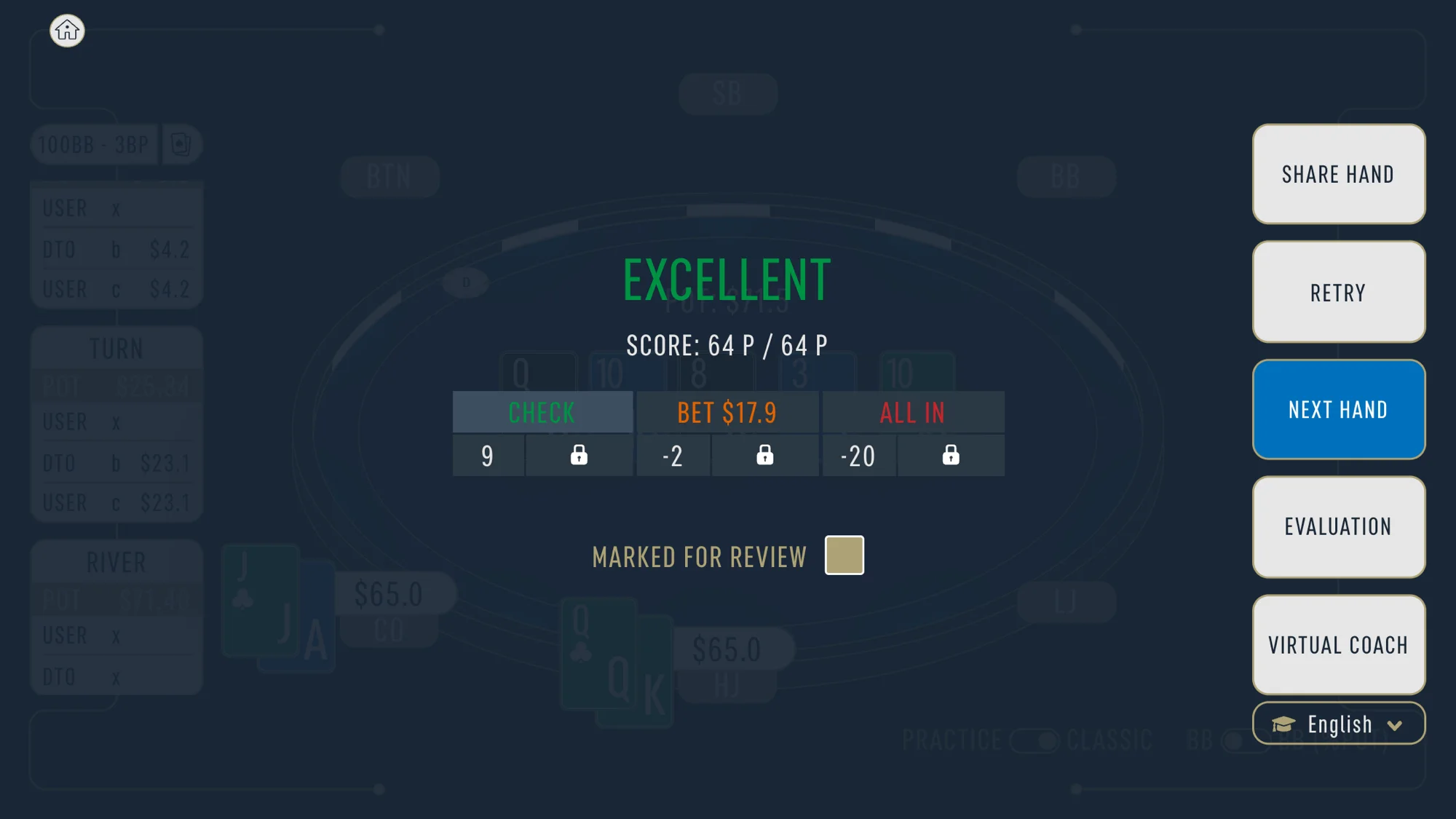 DTO Cash App Store screenshot of a river result marked Excellent with a score of 64 P out of 64 P: check scores 9, a $17.9 bet minus 2 and all in minus 20, beside Share hand, Retry, Next hand, Evaluation and Virtual Coach buttons.