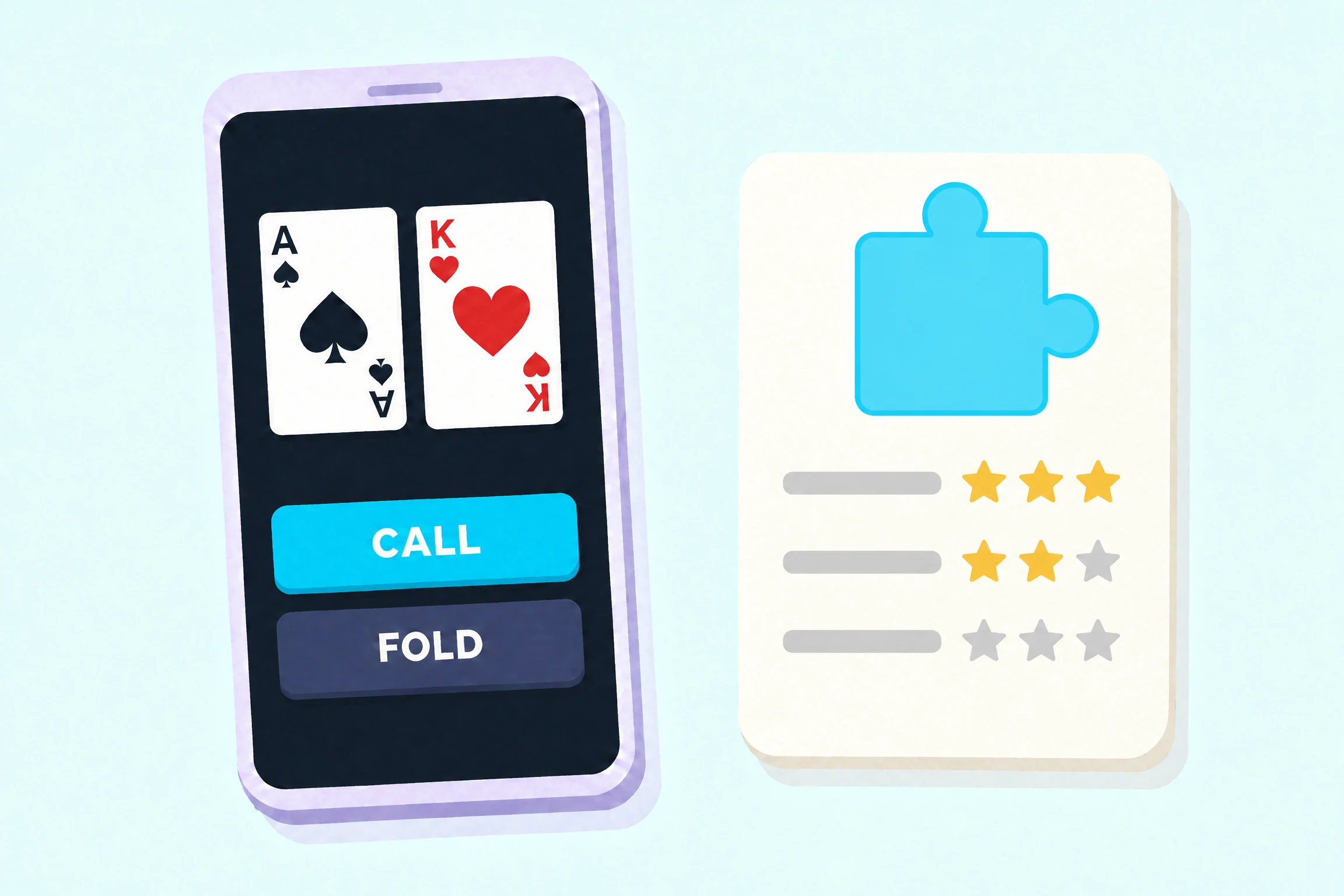 A phone showing the ace of spades and the king of hearts above a cyan Call button and a dark Fold button, beside a cream card where a cyan jigsaw piece sits above three gray answer bars rated three gold stars, two gold stars and none.