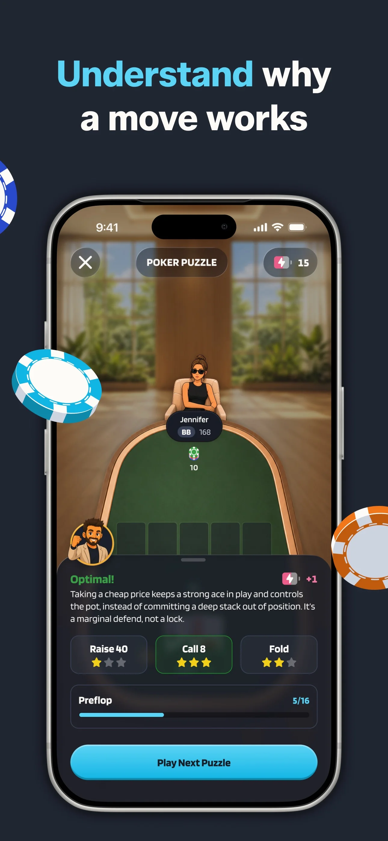 Poker Skill App Store screenshot of a preflop puzzle, number 5 of 16 in its set, against a player in the big blind. The answer panel reads Optimal and gives the reason, a cheap price that keeps a strong ace in play, with three stars on Call 8, two on Fold and one on Raise 40.