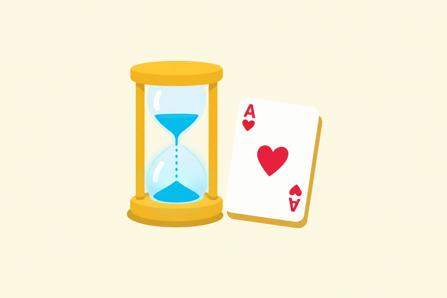 A mustard yellow hourglass on a cream background, its bright cyan sand falling in a thin stream from the upper bulb to a small glowing mound below. Beside it stands a large ace of hearts, tilted slightly to the right.