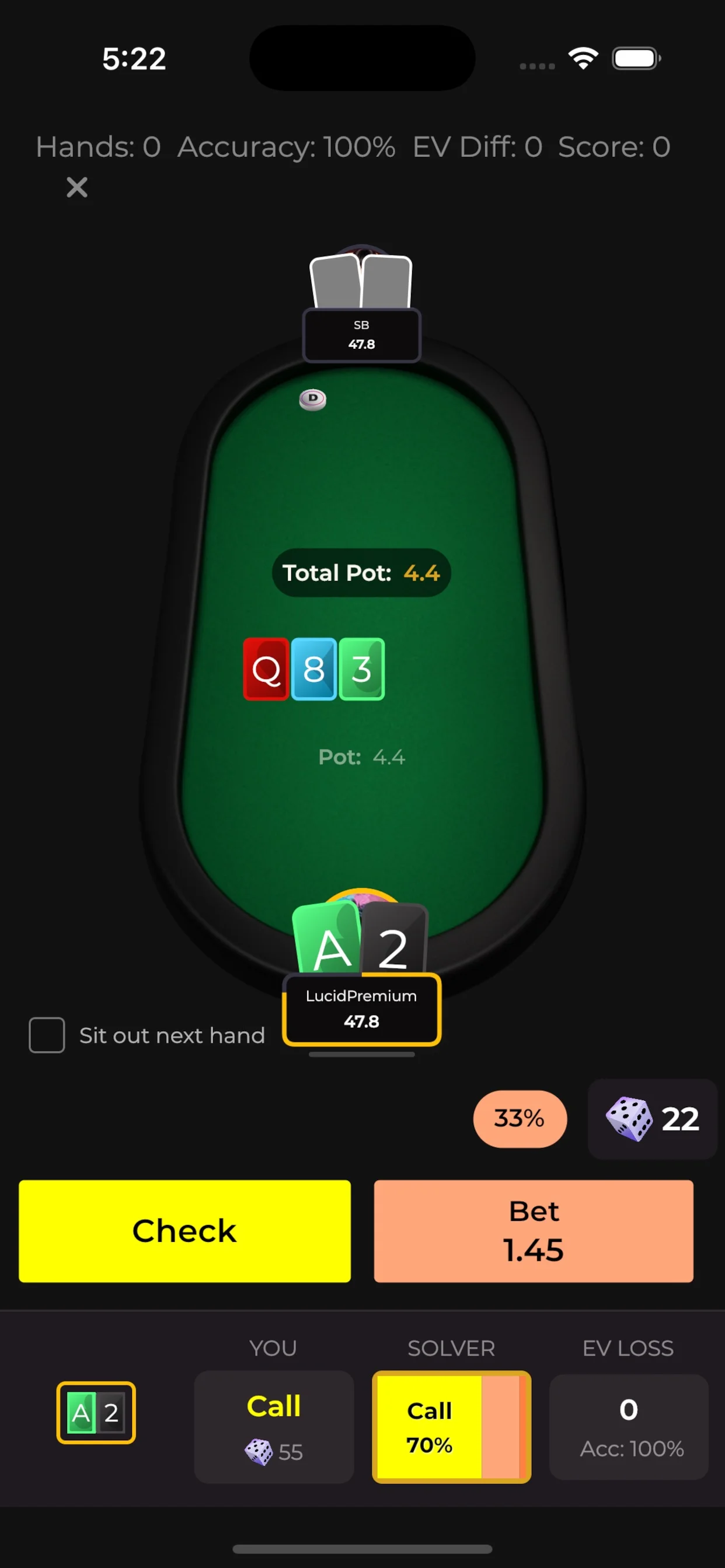 Lucid Poker App Store screenshot of a drill hand against a GTO opponent. The player holds a hand at a table with a total pot of 4.4 and Check and Bet 1.45 buttons, and a result row under it reads You: Call, Solver: Call 70%, EV loss 0.