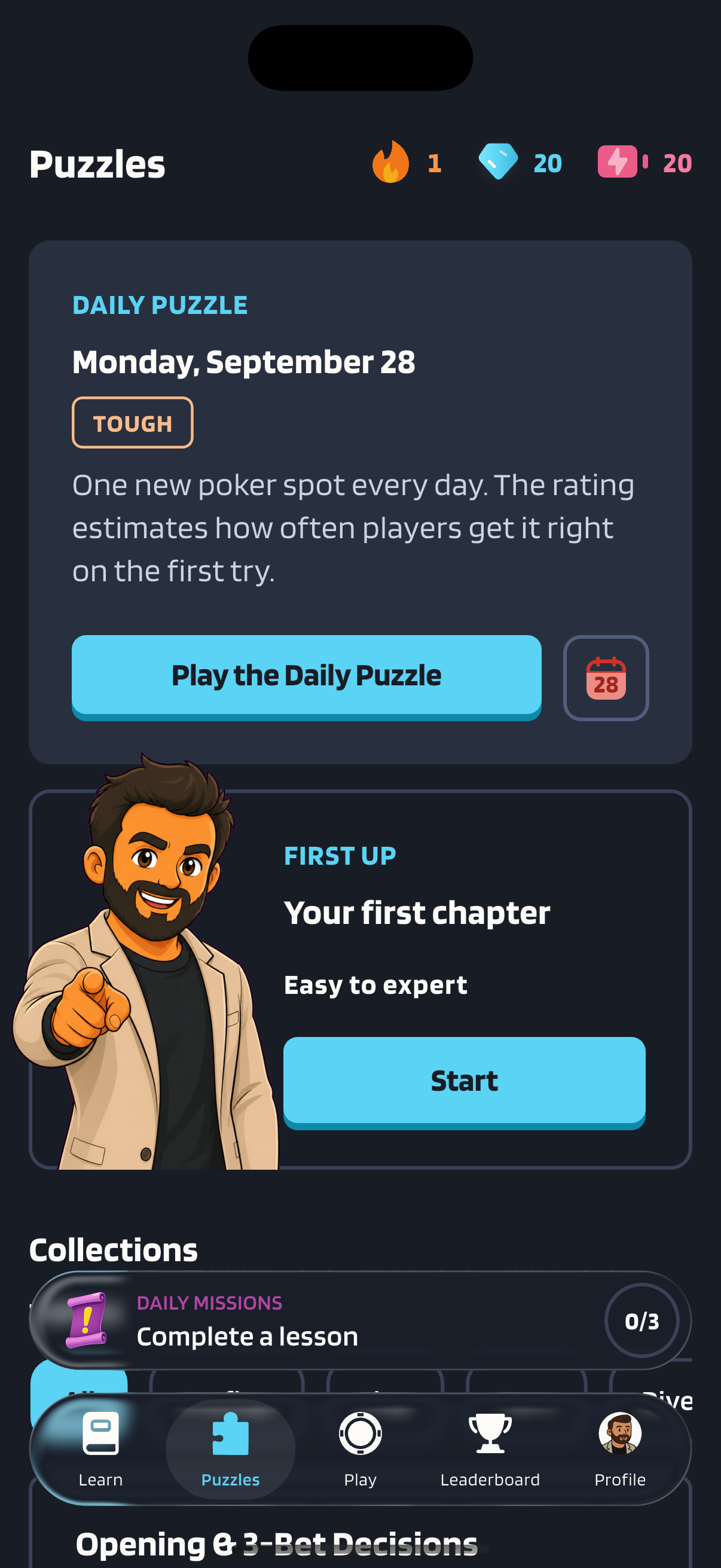Poker Skill's Puzzles tab with the Daily Puzzle for Monday, September 28, tagged Tough, over the line: one new poker spot every day, the rating estimates how often players get it right on the first try. A Play the Daily Puzzle button sits under it, then a first chapter with a Start button and a daily mission to complete a lesson.