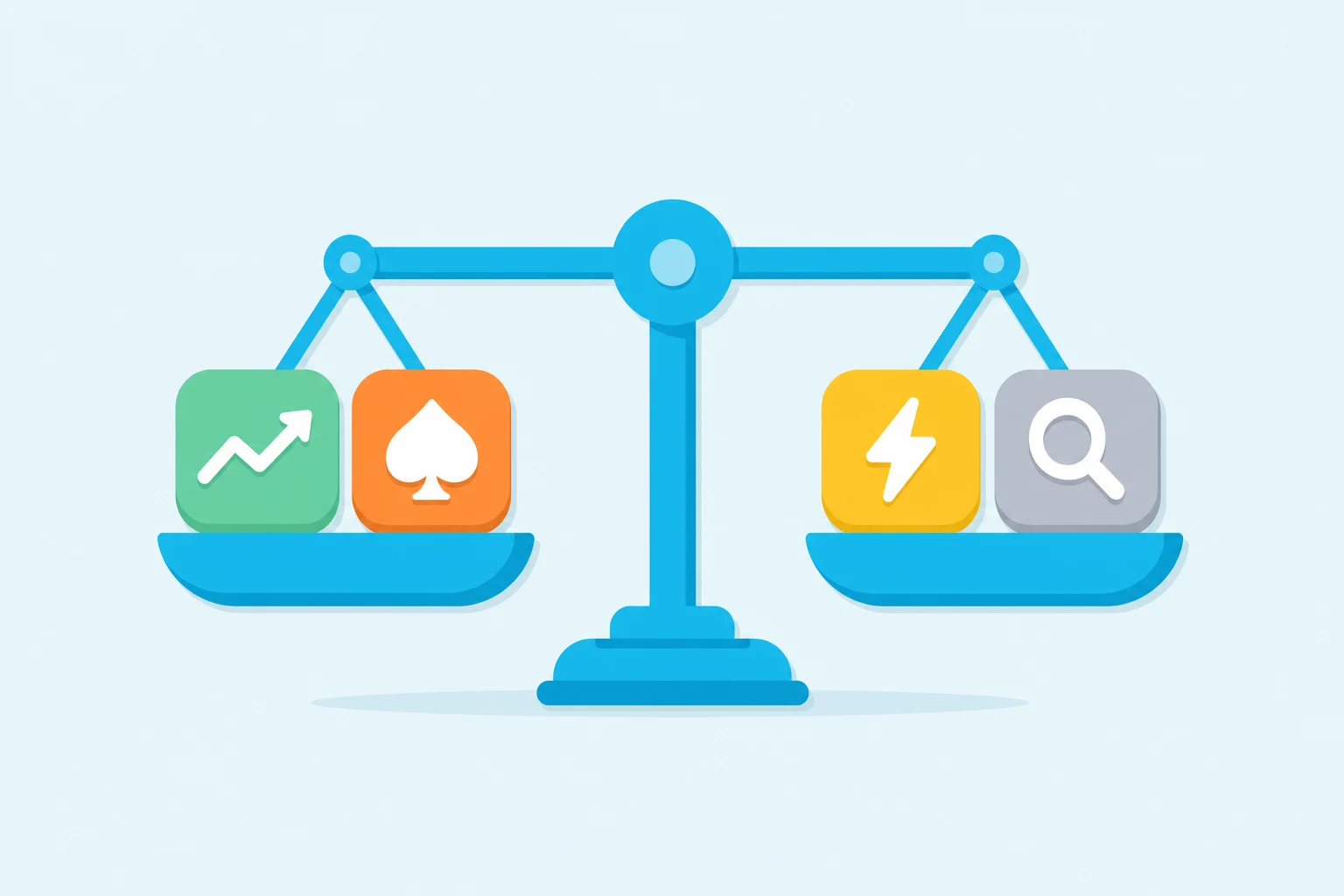 Flat illustration on a pale sky wash: a chunky cyan balance scale holding four rounded app tiles, two on each level pan, a green graph tile and an orange spade tile on the left, a yellow lightning tile and a grey magnifier tile on the right.