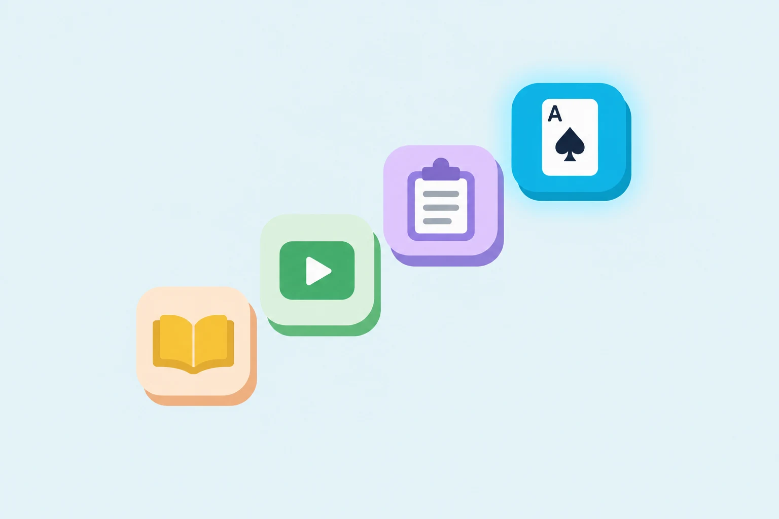 Four rounded tiles climb from lower left to upper right on a pale blue background: a yellow open book on a peach tile, a white play button on a green screen, a clipboard with three grey lines on a lavender tile and the ace of spades on a glowing cyan tile.