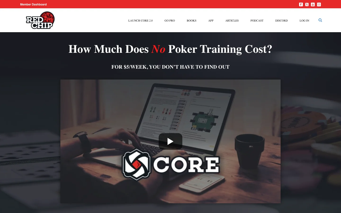 Red Chip Poker's CORE page headed How Much Does No Poker Training Cost?, with the line For $5/week, you don't have to find out, above a video frame of a laptop open to a lesson with the CORE logo over it.