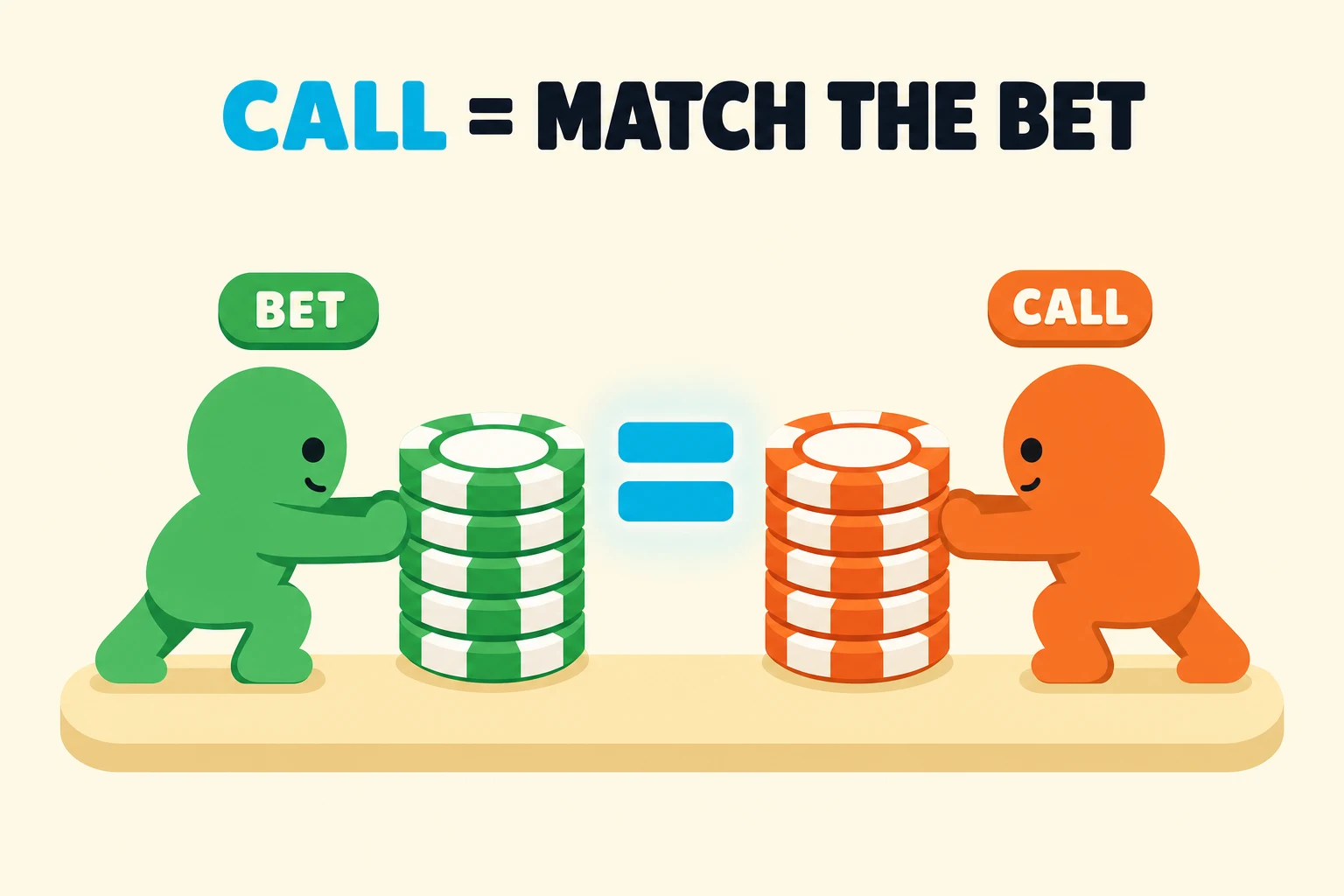 Flat illustration on warm cream titled CALL = MATCH THE BET, with CALL in cyan. A green cartoon figure labeled BET pushes a green chip stack from the left while an orange figure labeled CALL pushes an equal-height orange stack from the right, a glowing cyan equals sign between the two stacks.