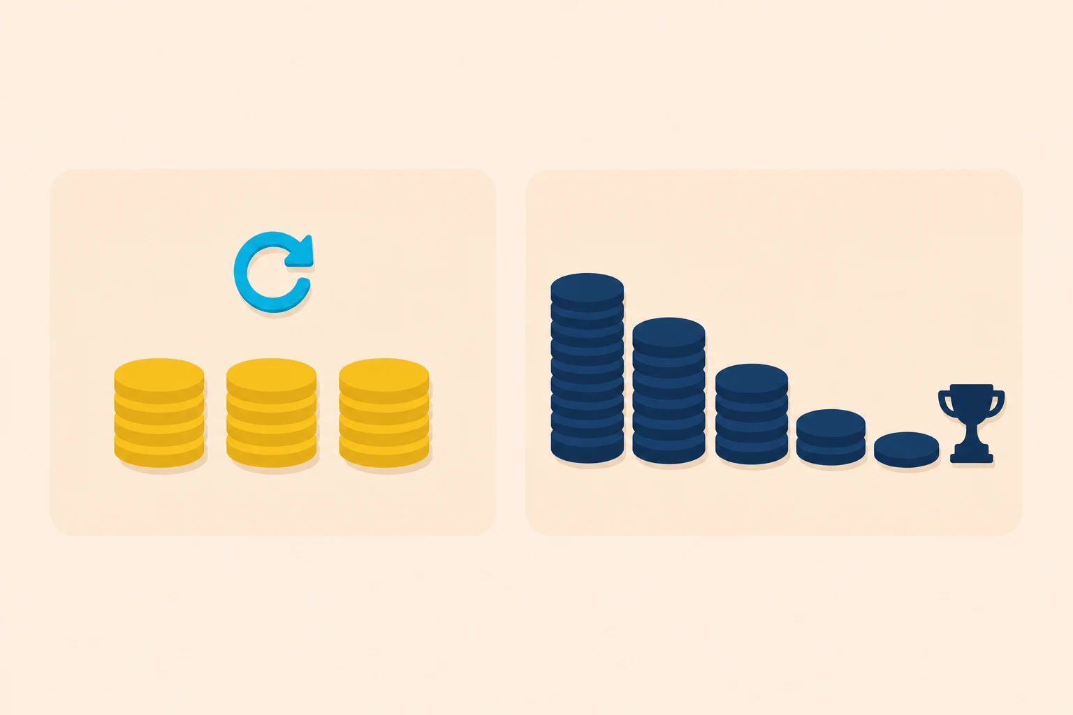 Flat illustration comparing two formats: on the left three identical mustard chip stacks of the same height under a cyan repeat arrow, on the right five navy chip stacks descending from tall to a single chip, ending at a small navy trophy.