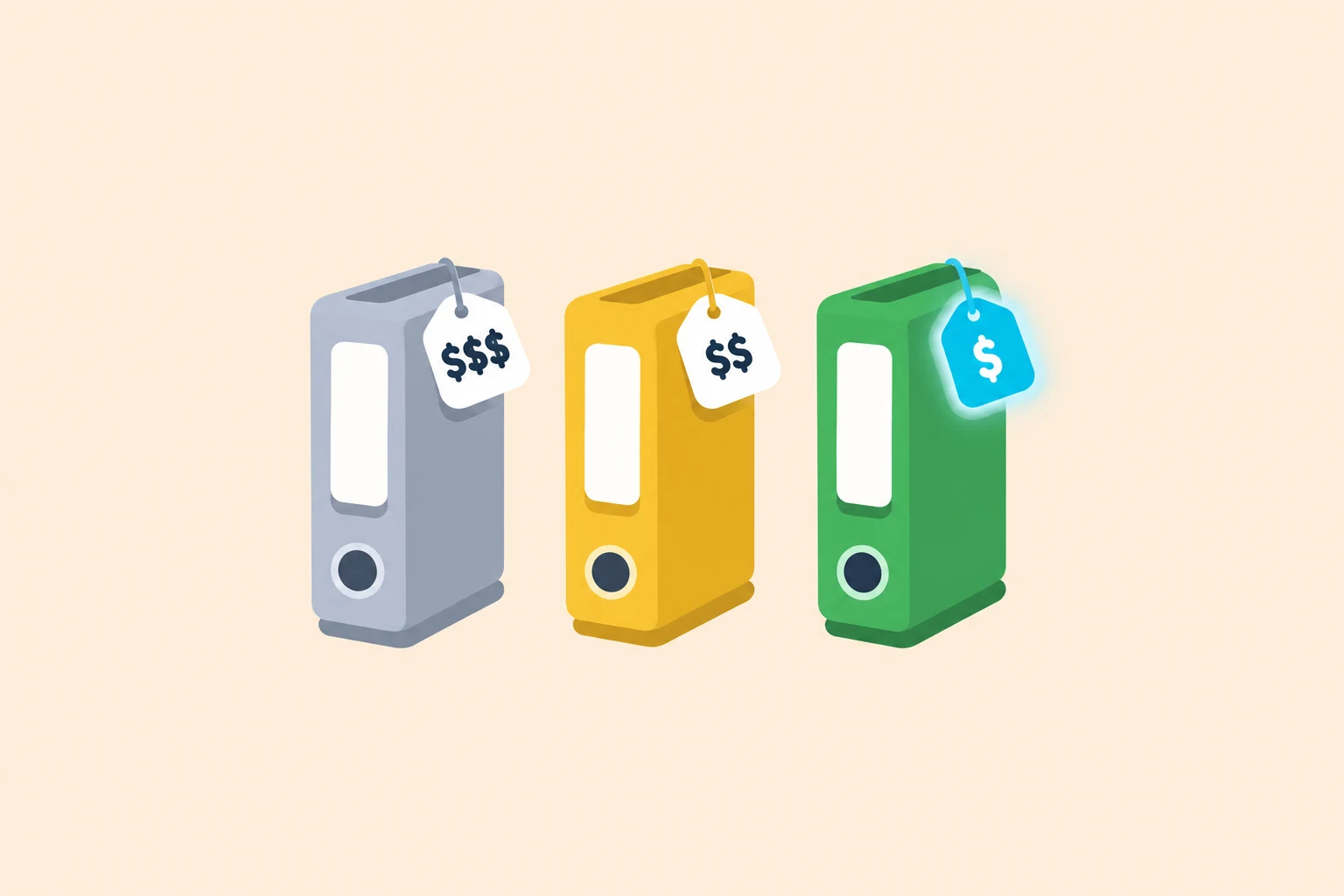 Three binders stand in a row on a peach background, one grey, one yellow and one green, each with a blank white label and a price tag. The grey binder's tag shows three dollar signs, the yellow one's two and the green binder's glowing cyan tag a single dollar sign.