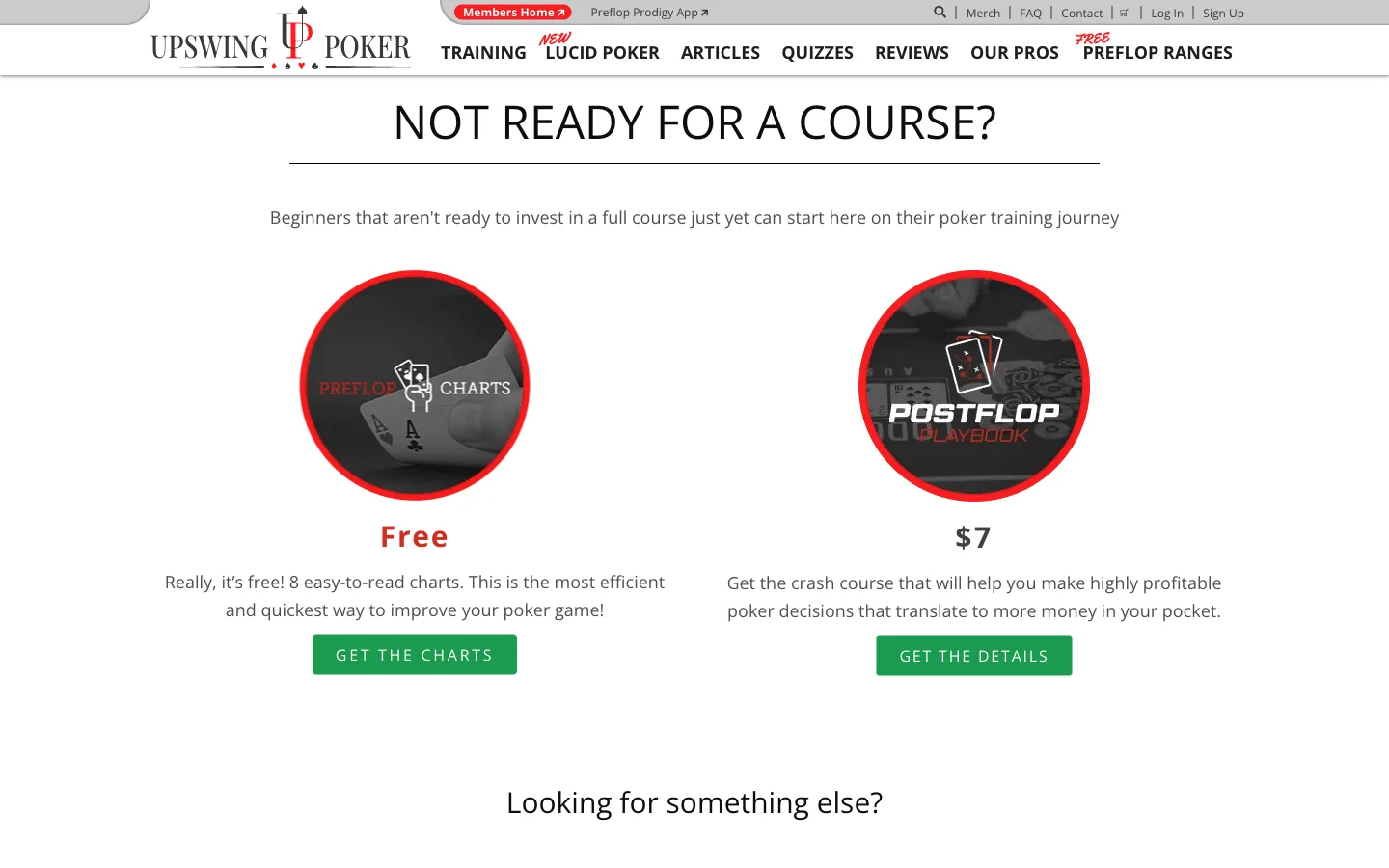 Upswing Poker's section headed Not ready for a course?, for beginners not ready to invest in a full course. On the left are free preflop charts, 8 easy-to-read charts, with a Get the charts button. On the right is the Postflop Playbook crash course for $7 with a Get the details button.