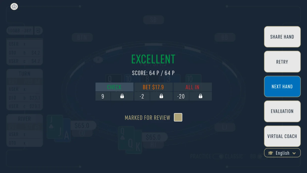 DTO Cash App Store screenshot of a graded river decision: Excellent, with a score of 64 P out of 64 P above the three choices, Check, Bet and All in, and buttons for Share Hand, Retry, Next Hand, Evaluation and Virtual Coach.