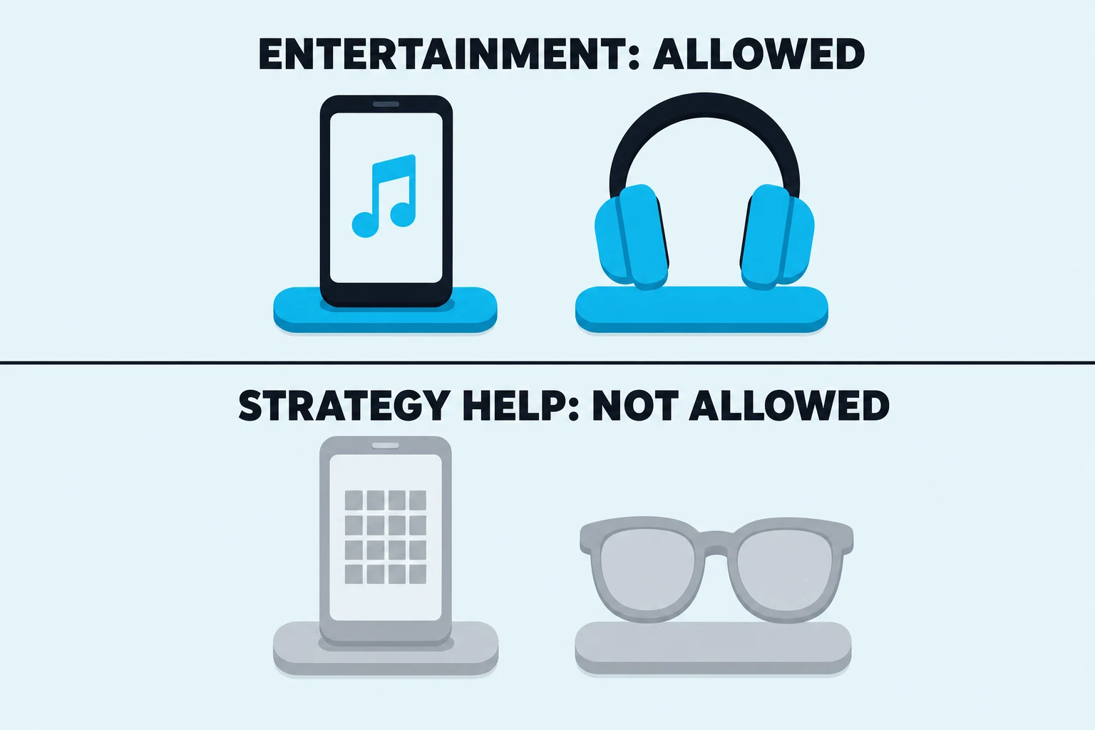 Flat illustration on a pale sky background, split by one horizontal line. Under ENTERTAINMENT: ALLOWED, a phone showing a single cyan music note and a pair of cyan headphones each rest on a cyan base. Under STRATEGY HELP: NOT ALLOWED, the same phone shape appears greyed out showing a strategy chart grid, beside a greyed-out pair of glasses.