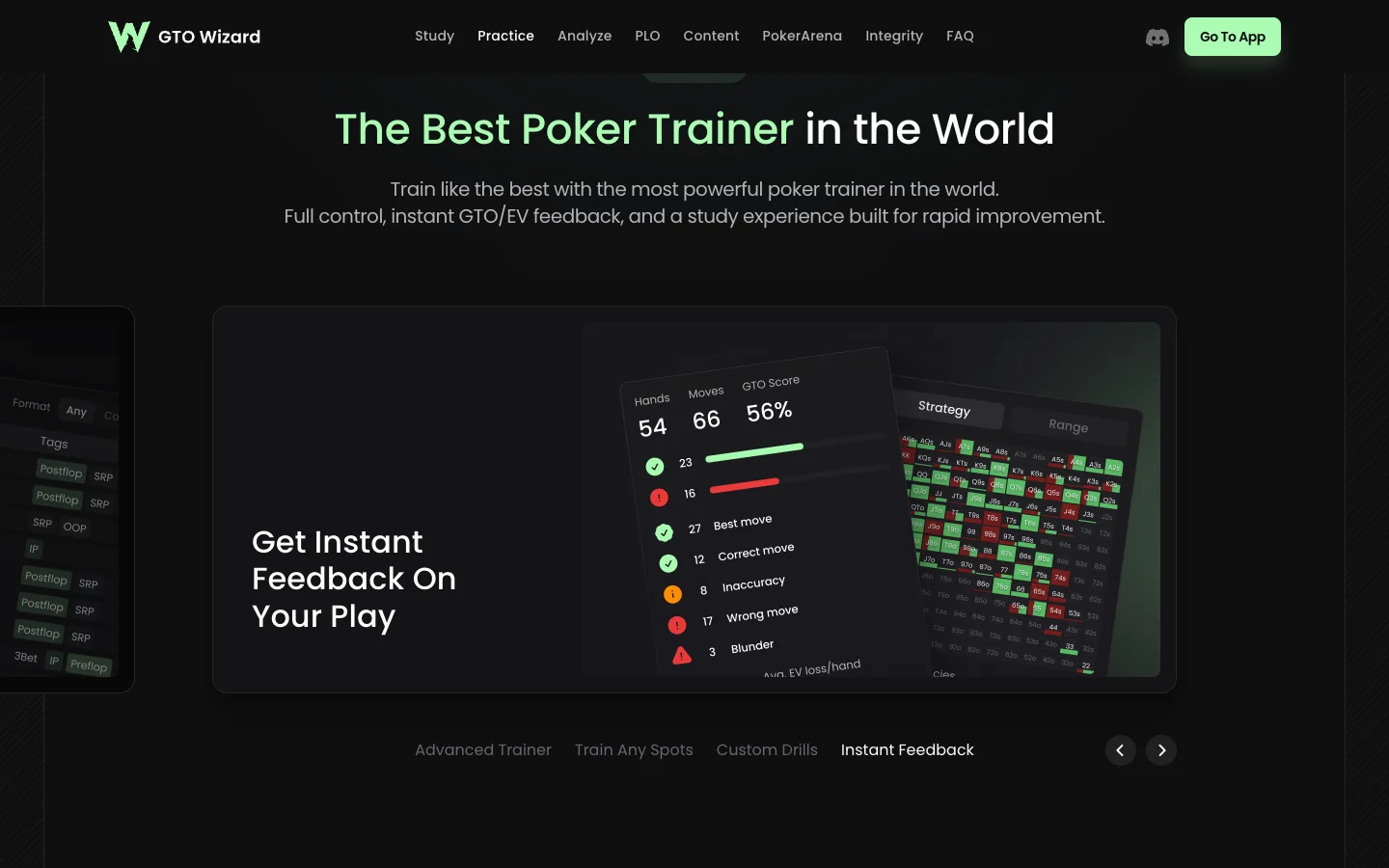 GTO Wizard homepage section headed The Best Poker Trainer in the World, on the slide Get Instant Feedback On Your Play. A session summary shows 54 hands, 66 moves and a GTO score of 56 percent, counting 27 best moves, 12 correct moves, 8 inaccuracies, 17 wrong moves and 3 blunders beside a strategy grid.