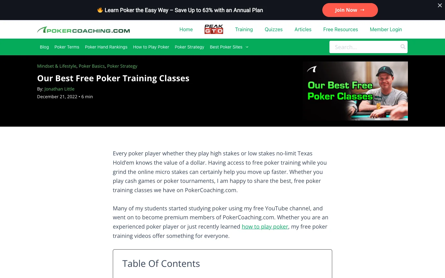 PokerCoaching web page titled Our Best Free Poker Training Classes, by Jonathan Little, dated December 21, 2022, under a banner offering up to 63 percent off an annual plan. The opening paragraphs describe free poker training and his free YouTube channel.