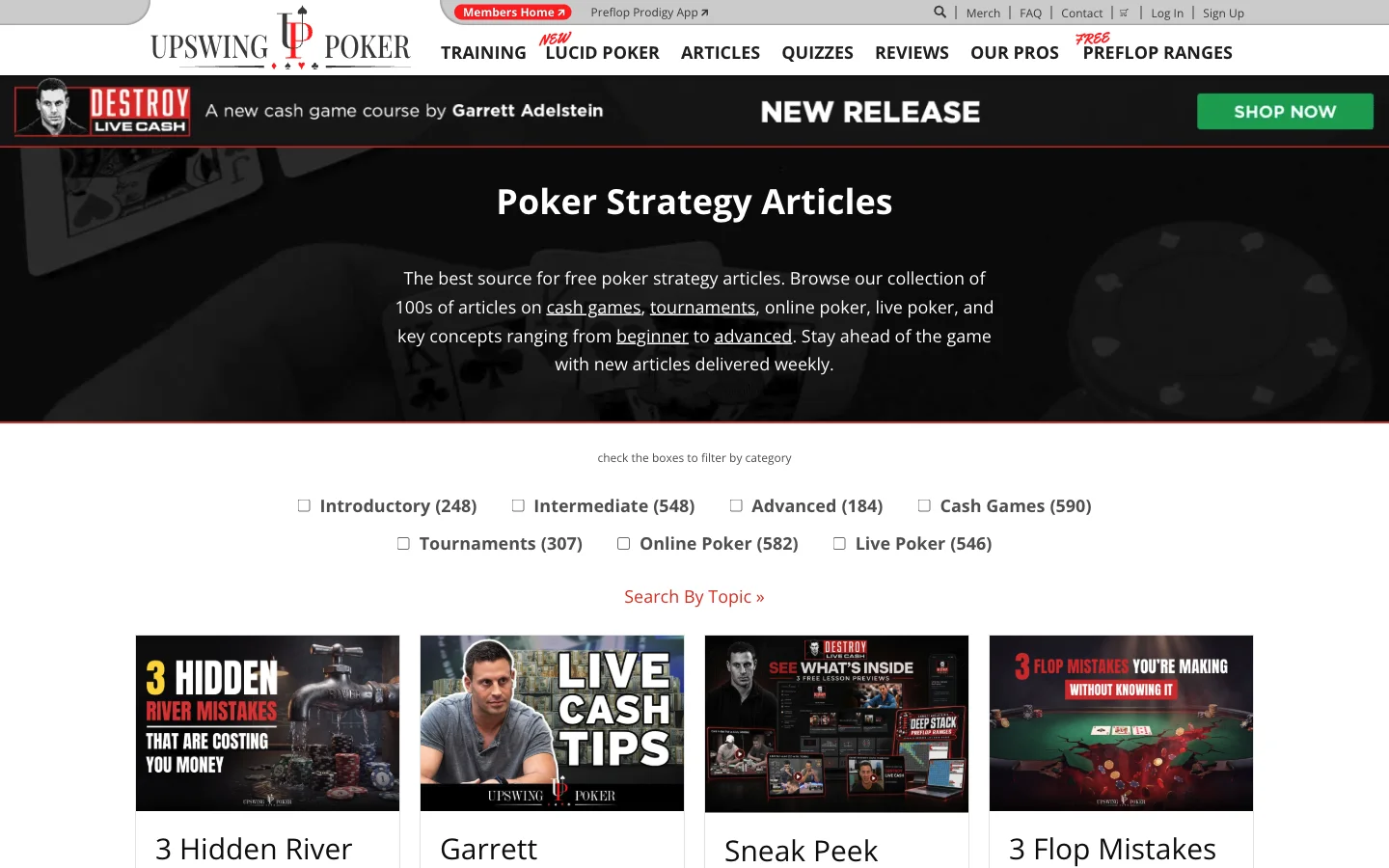 Upswing Poker blog index headed Poker Strategy Articles, which calls itself the best source for free poker strategy articles, with category filters for Introductory, Intermediate, Advanced, Cash Games, Tournaments, Online Poker and Live Poker, each with its article count, above the newest posts.