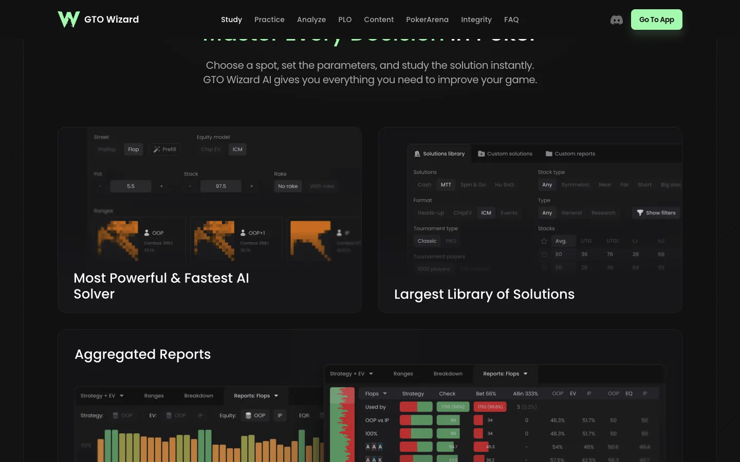 GTO Wizard homepage section on studying a spot: a solver panel set to the flop, with a pot of 5.5 and a stack of 97.5 above three range grids, beside a solutions library filtered by game type and stack depth.