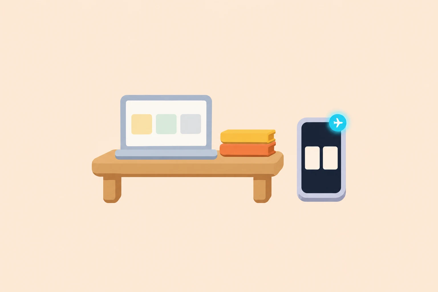 A laptop with three pastel squares on its screen and two stacked books sit on a tan desk, beside a phone showing two blank cards with a small cyan airplane badge on its corner, on a pale peach background.