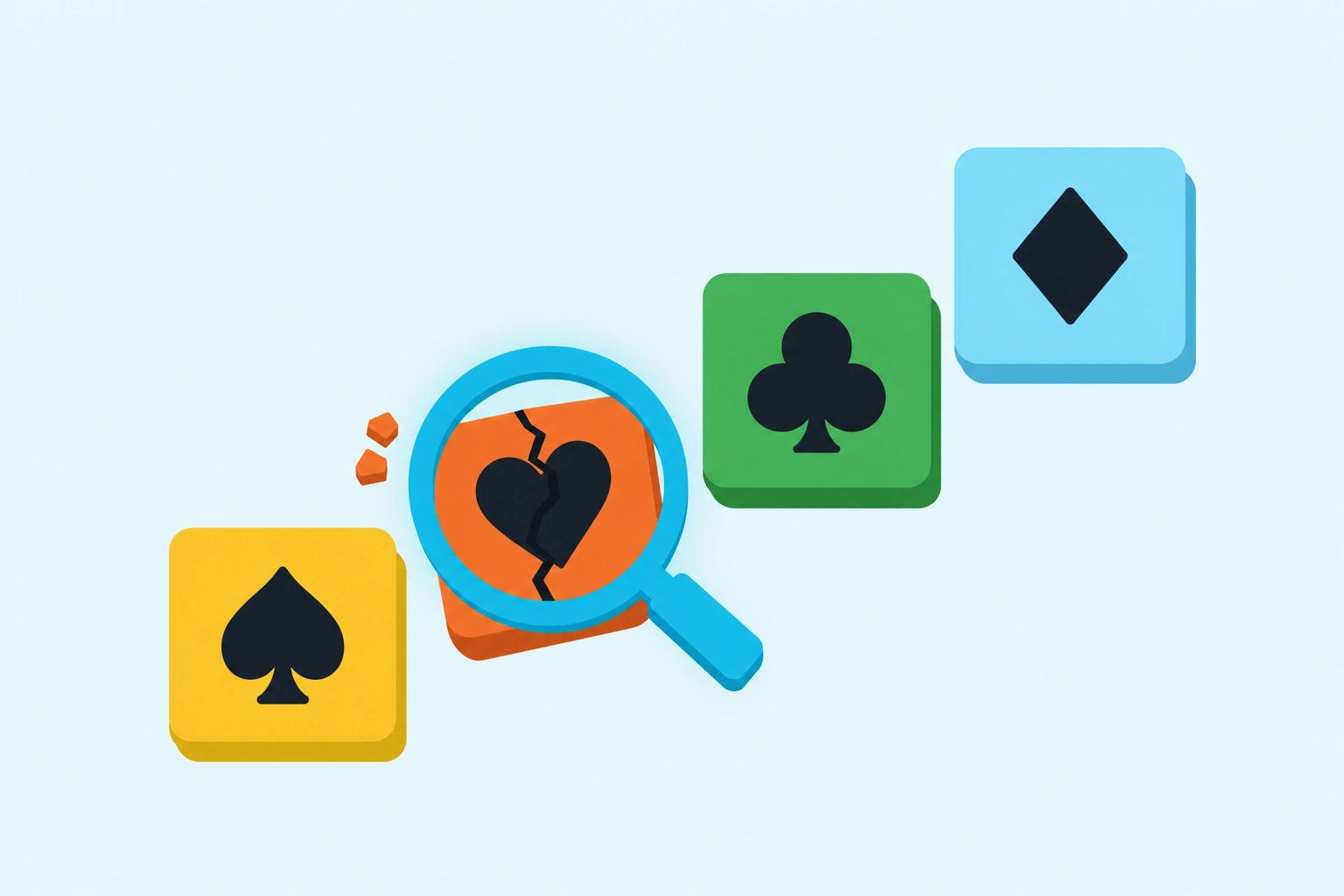 Flat illustration of four chunky suit tiles climbing like steps on a pale sky background: a yellow spade tile, a cracked orange heart tile sitting out of line with two pieces broken off, a green club tile and a blue diamond tile, with a cyan magnifying glass held over the cracked one.