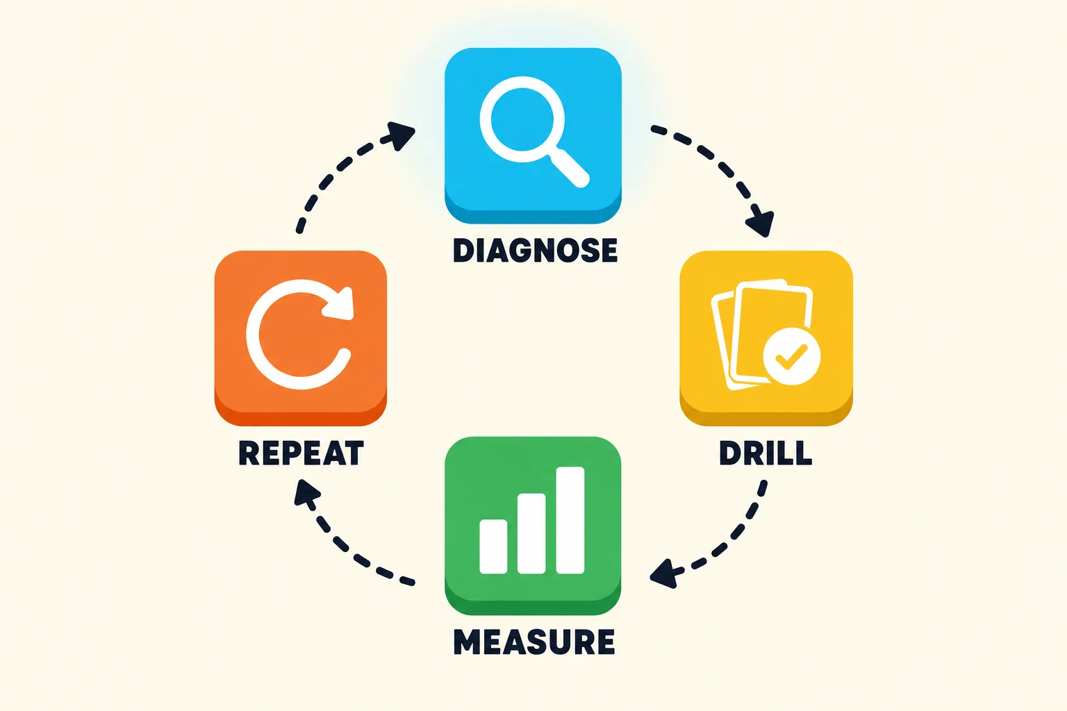 Four-step poker improvement loop diagram: a cyan tile labelled Diagnose with a magnifying glass, a yellow tile labelled Drill with a card stack and a checkmark, a green tile labelled Measure with a rising bar chart, and an orange tile labelled Repeat with a circular arrow, joined clockwise by dashed arrows.