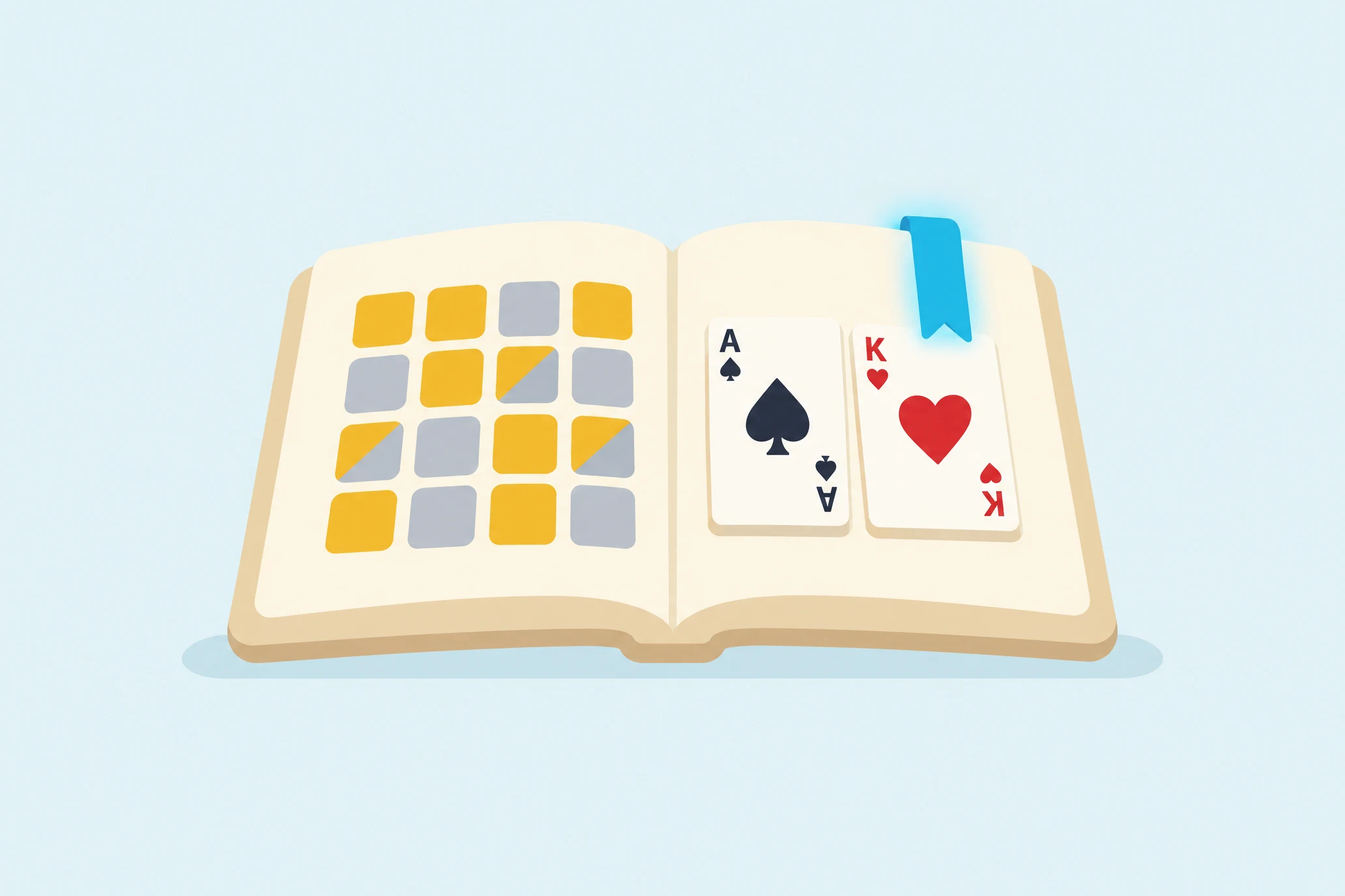 An open book lies on a pale blue background. The left page holds a four by four grid of rounded tiles: seven mustard, six grey and three split diagonally between mustard and grey. The right page shows the ace of spades and the king of hearts, and a cyan bookmark ribbon hangs over its top edge.