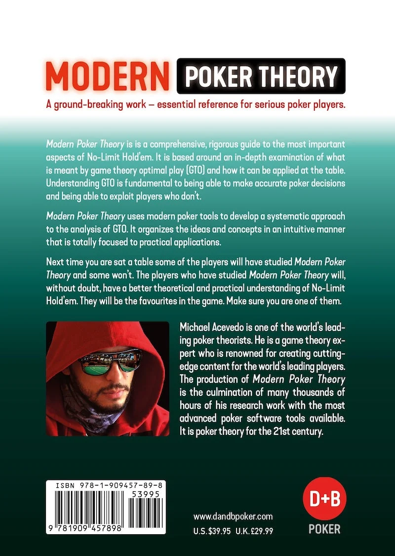 Back cover of Modern Poker Theory by Michael Acevedo, published by D&B Poker. It describes the book as an in-depth examination of game theory optimal play in No-Limit Hold'em and shows an author photo with a short bio. A barcode sits beside the prices U.S. $39.95 and U.K. £29.99.