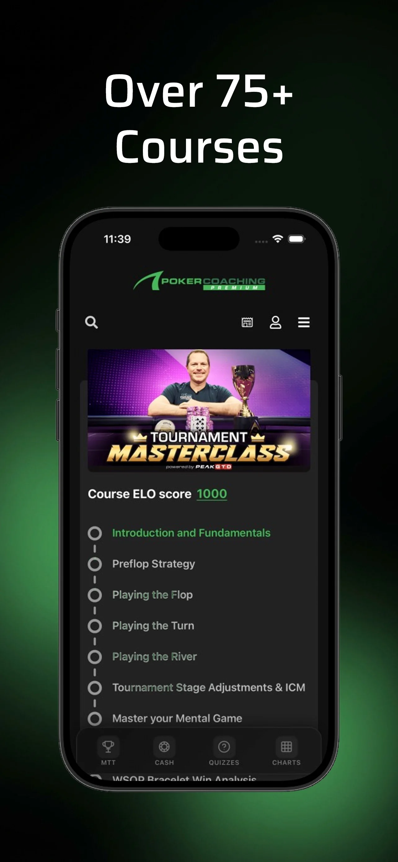 PokerCoaching App Store screenshot headed Over 75+ Courses: the Tournament Masterclass course page with a course ELO score of 1000 and a lesson list running from Introduction and Fundamentals through Preflop Strategy and playing the flop, turn and river to Tournament Stage Adjustments & ICM and Master your Mental Game, above tabs for MTT, Cash, Quizzes and Charts.