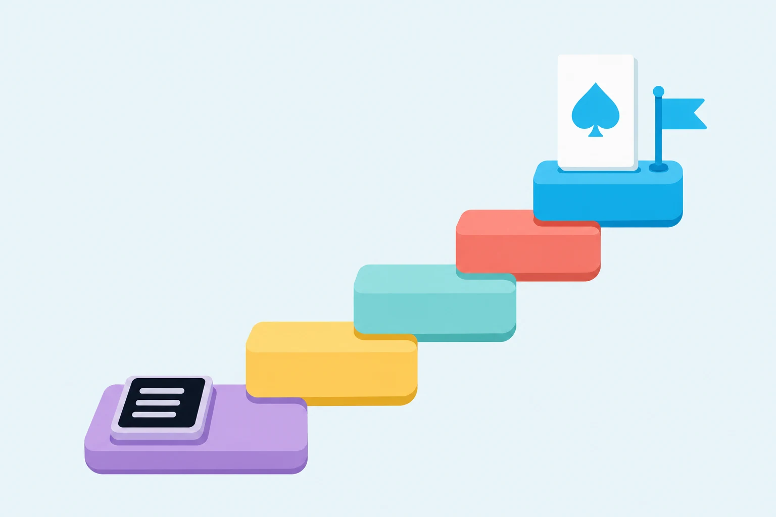 Flat illustration of five chunky stair blocks in lavender, yellow, teal, coral and cyan climbing from lower left to upper right on a pale blue background. A dark phone screen rests on the lowest stair, and a white playing card with a cyan spade plus a small cyan flag stand on the top stair.