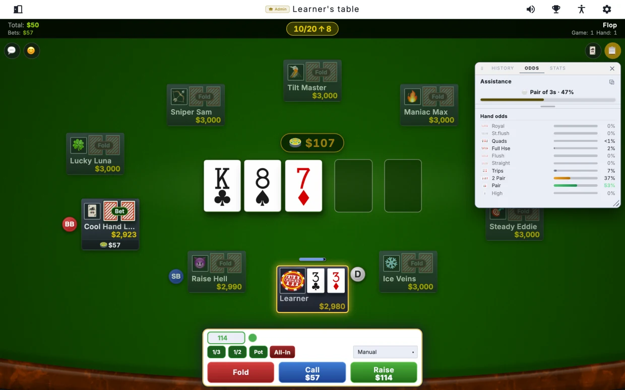 PokerTH's web client in a browser: a green table where the player called Learner holds the three of clubs and three of diamonds on a flop of the king of clubs, eight of spades and seven of diamonds, facing a bet of 57 with Fold, Call and Raise buttons, beside an Odds panel that reads Pair of 3s, 47%.