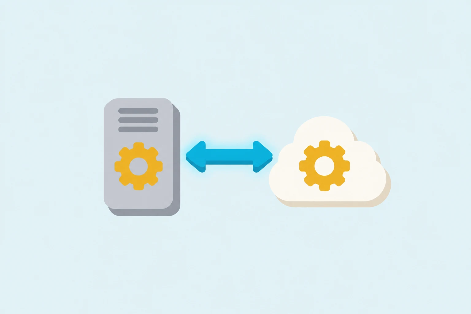 A grey desktop computer tower with a mustard gear on its side and an ivory cloud holding a matching gear, linked by a glowing two-headed cyan arrow, on a pale sky-blue background.