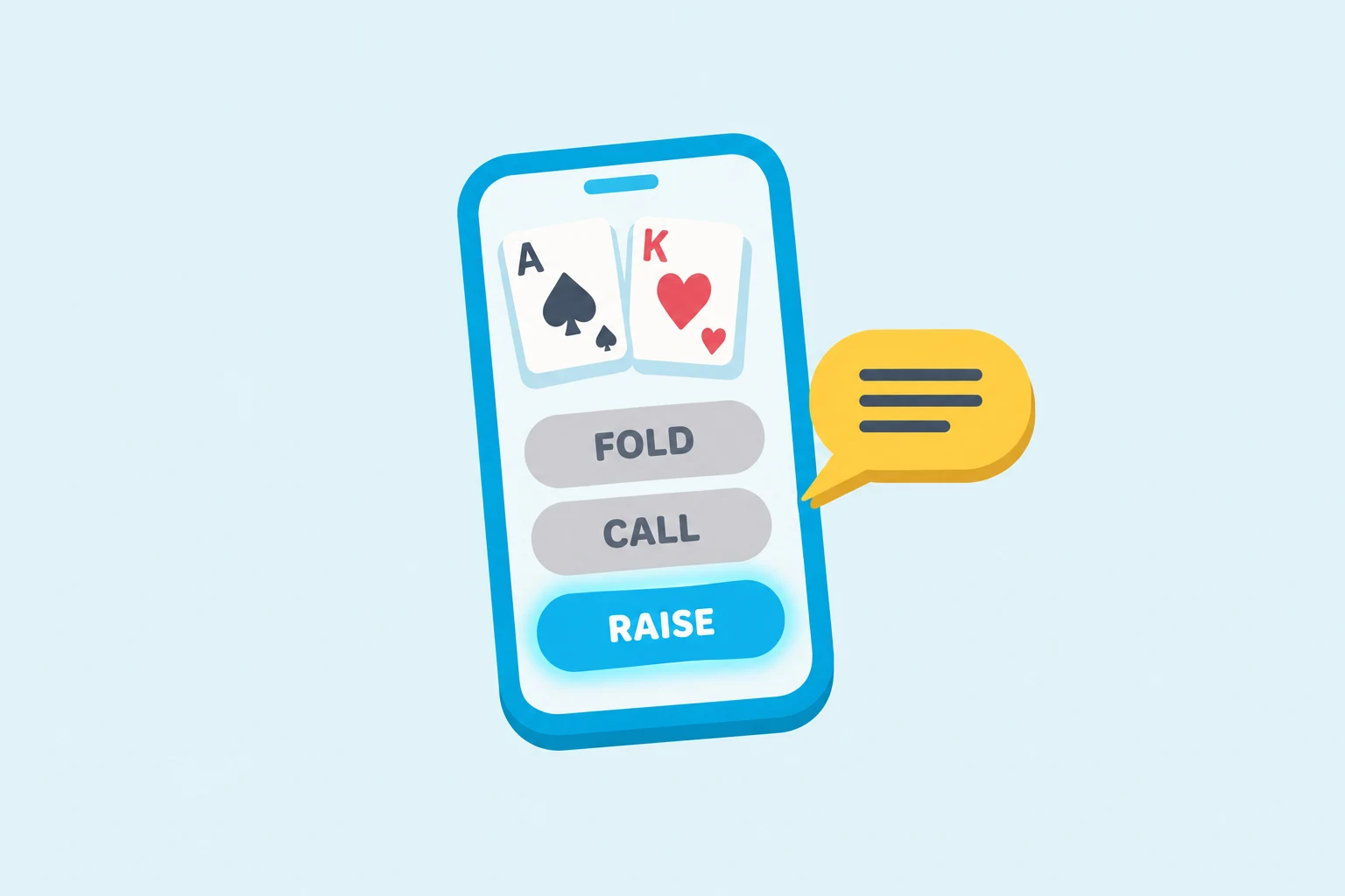 Flat illustration on a pale blue background: a phone with a cyan frame shows the ace of spades and the king of hearts above three buttons reading Fold, Call and Raise, with Raise glowing cyan, and a yellow speech bubble holding three dark lines points at the phone from the side.