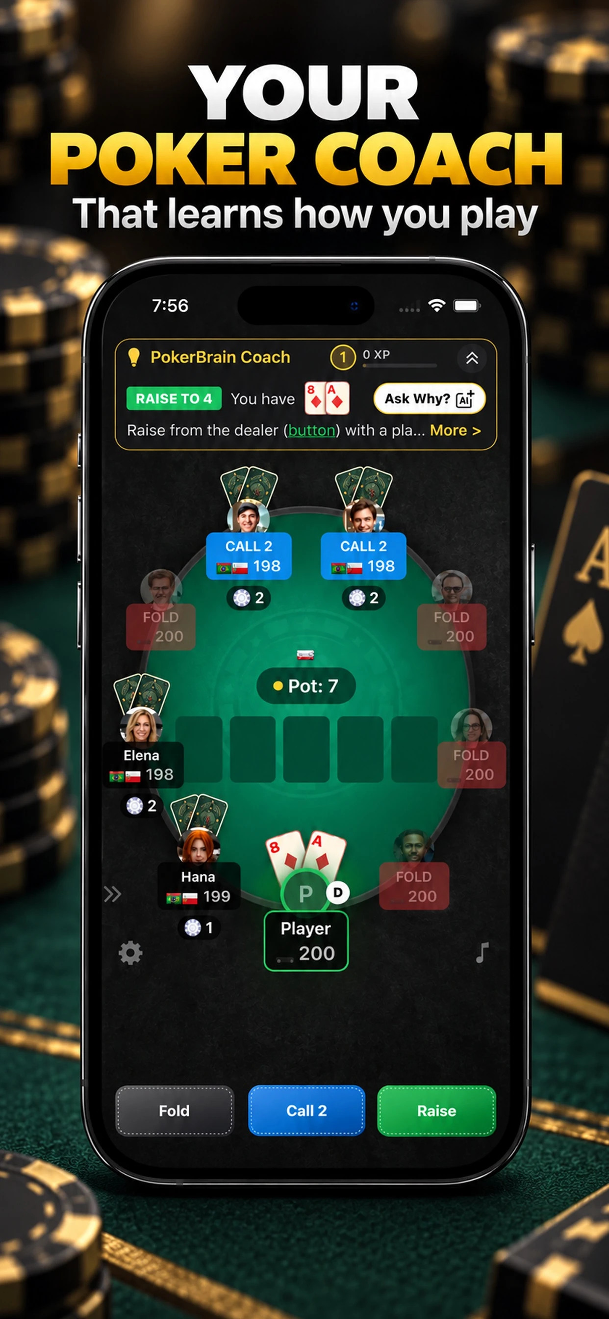 PokerBrain App Store screenshot headed Your poker coach that learns how you play. At a full table of bot opponents, a PokerBrain Coach banner reads Raise to 4 for the player's eight and ace of diamonds on the button, with an Ask Why button, above Fold, Call 2 and Raise buttons.