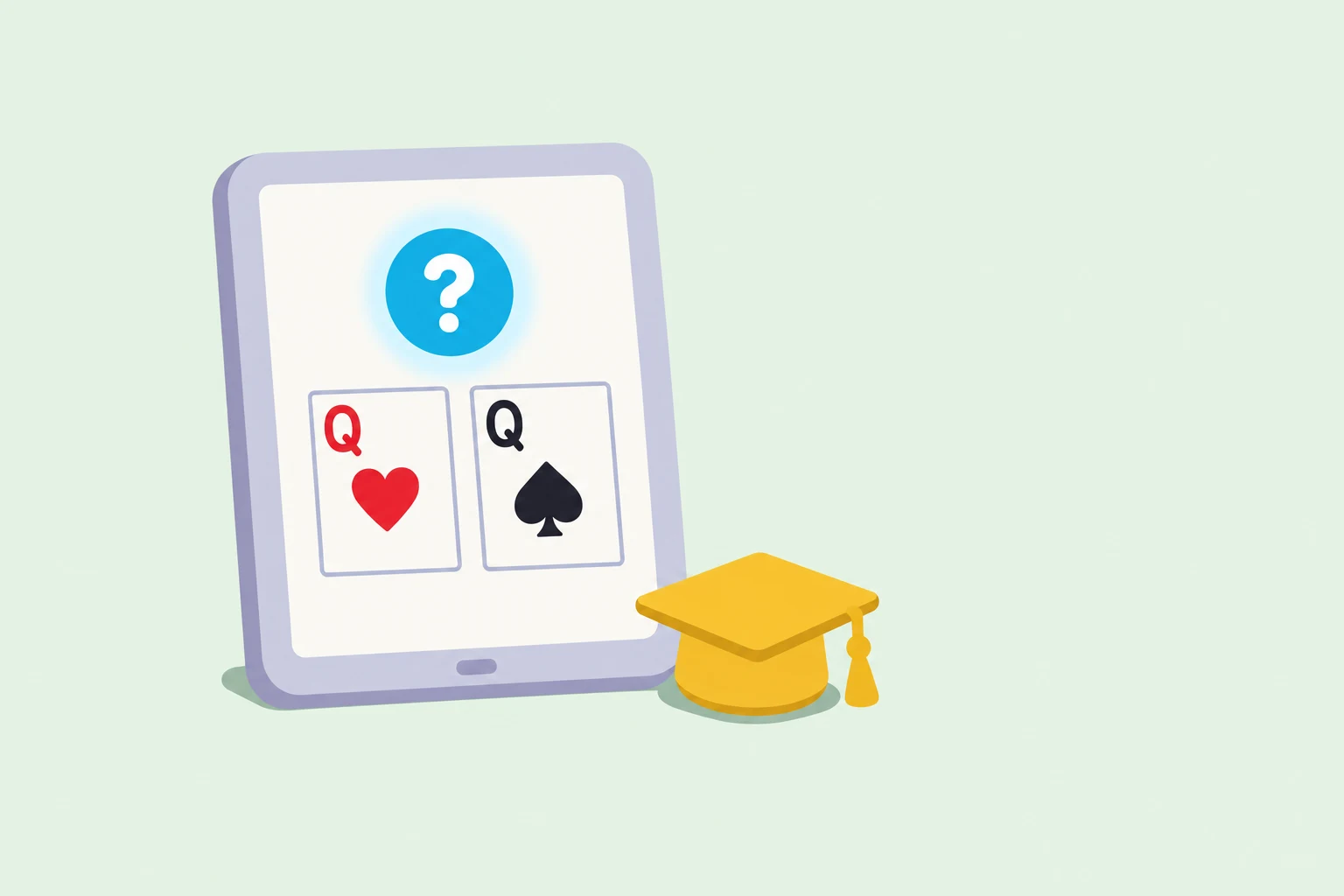 A lavender tablet on a pale green background shows the queen of hearts and the queen of spades side by side, under a glowing cyan badge with a white question mark. A yellow graduation cap rests on the ground beside the tablet's lower corner.
