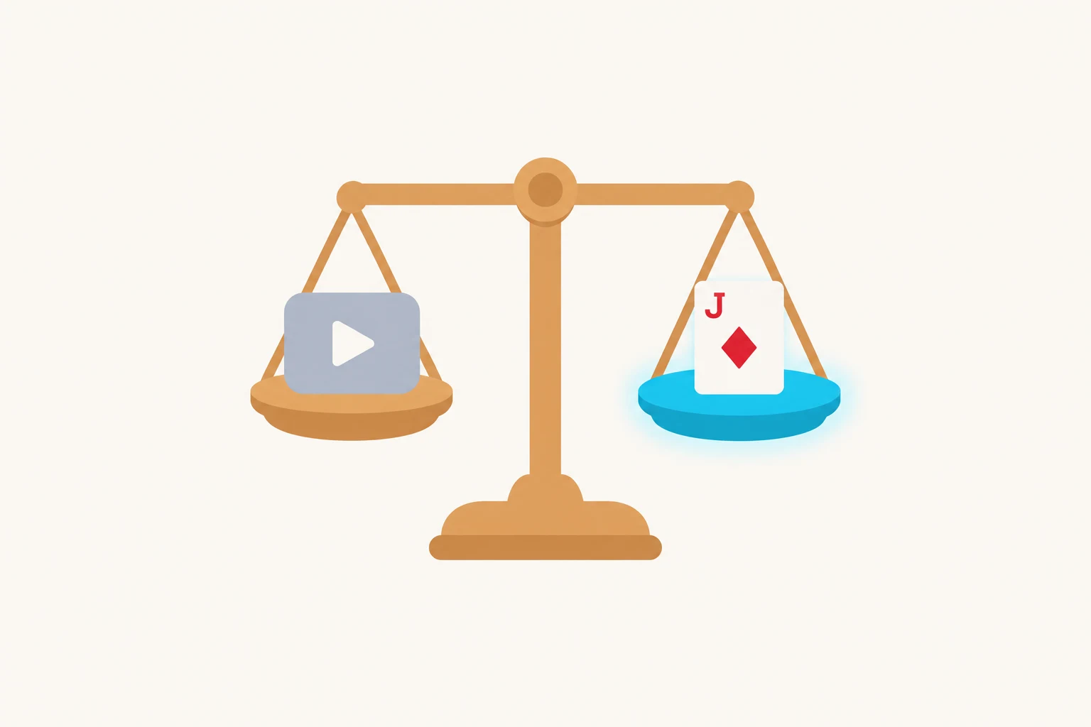 A tan balance scale stands on a warm white background with its beam level. The left pan holds a grey video tile with a white play button, and the right pan, a glowing cyan platform, holds the jack of diamonds.