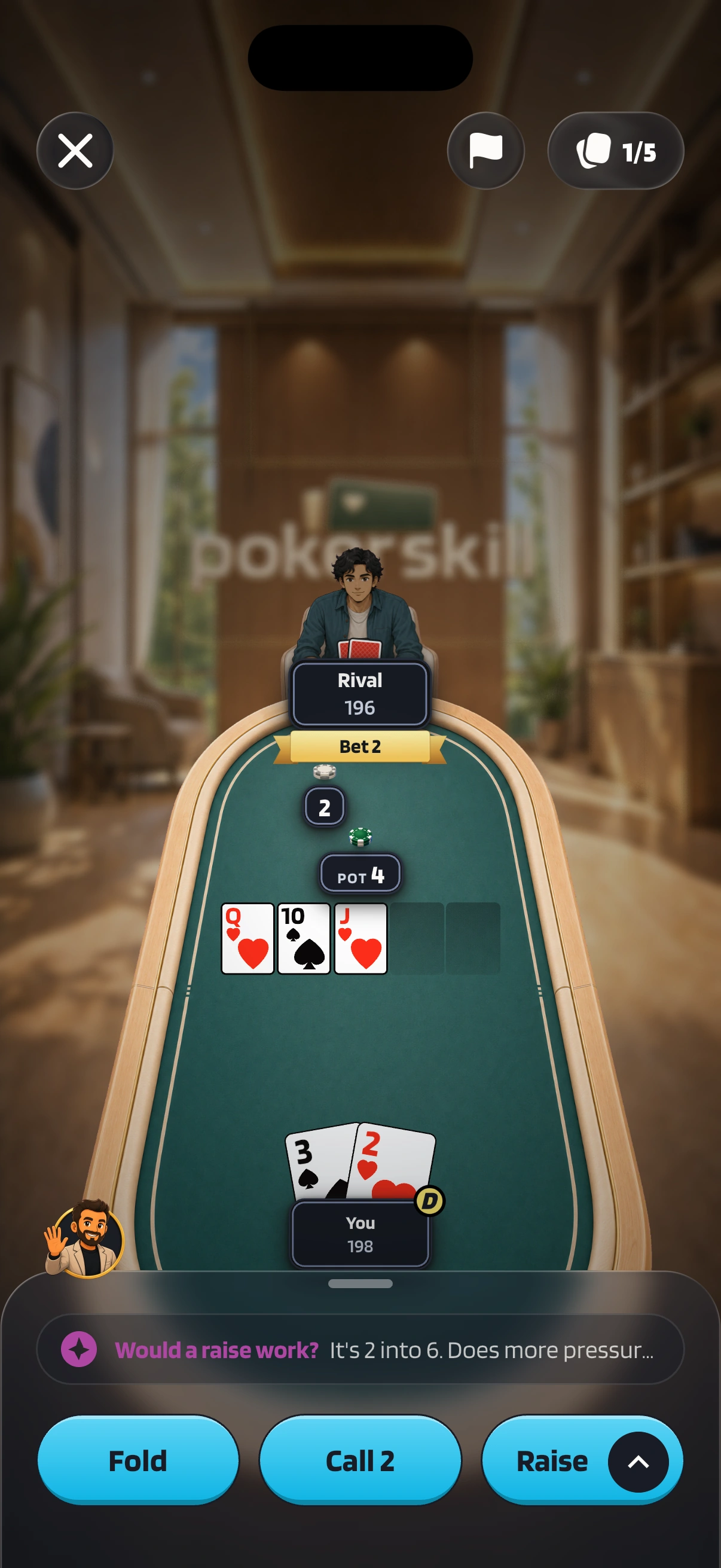 A Poker Skill Practice vs AI hand: Rival bets 2 on a queen, ten, jack flop into a pot of 4 while you hold a three and a two, and Coach Max asks would a raise work? It's 2 into 6, above the Fold, Call 2 and Raise buttons.