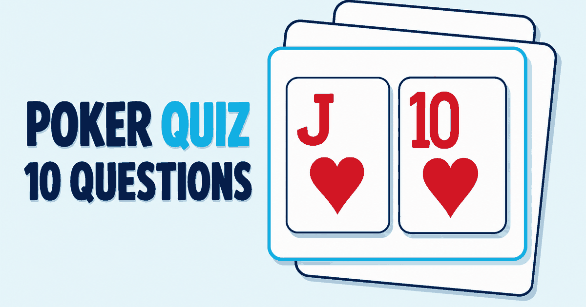 Poker quiz share card: bold POKER QUIZ 10 QUESTIONS headline beside a stack of quiz cards showing the jack of hearts and ten of hearts.