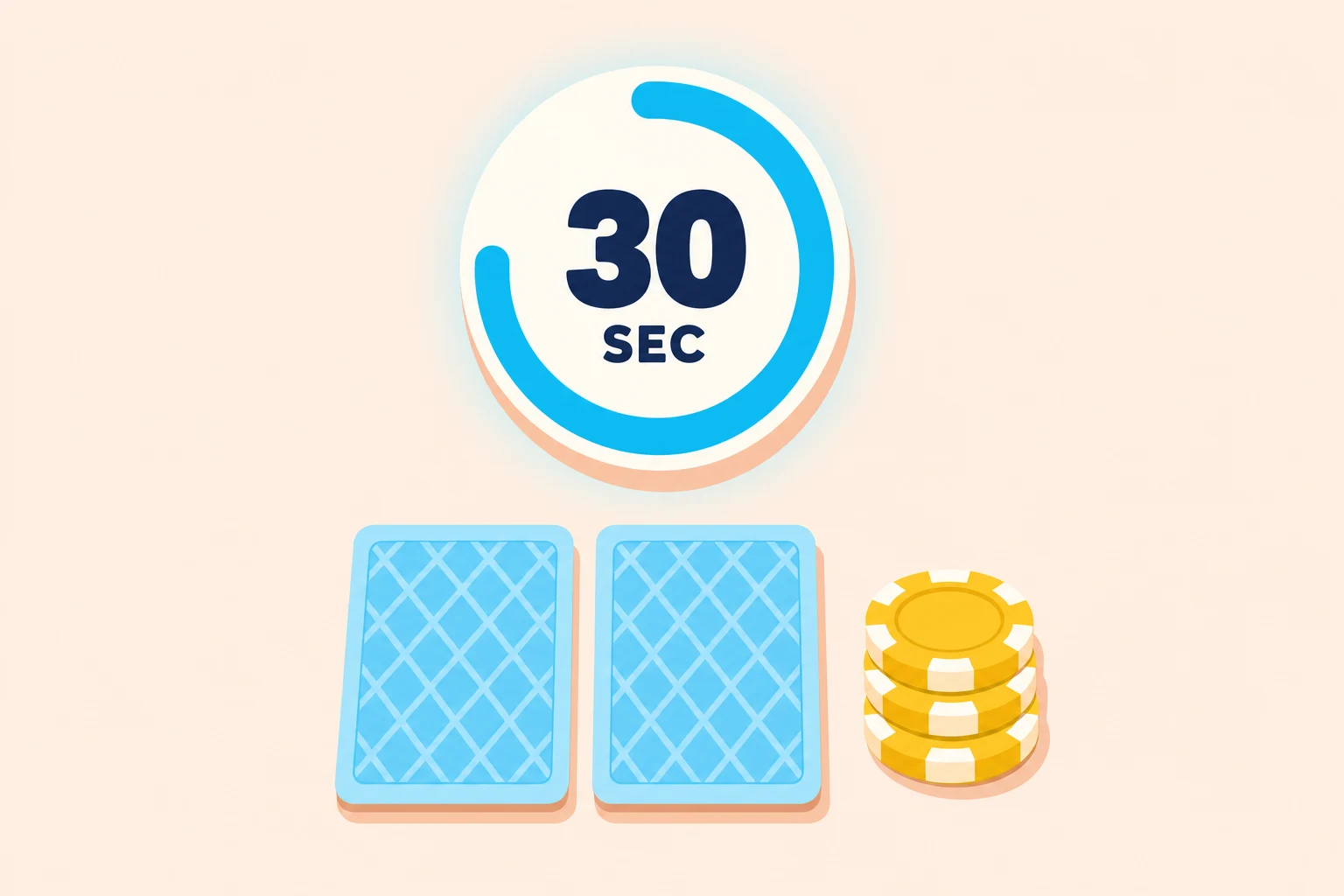 Flat illustration on a pale peach background. A large round timer with a sweeping cyan ring reads 30 SEC above two face-down playing cards with light blue diamond-pattern backs and a small stack of three yellow poker chips.