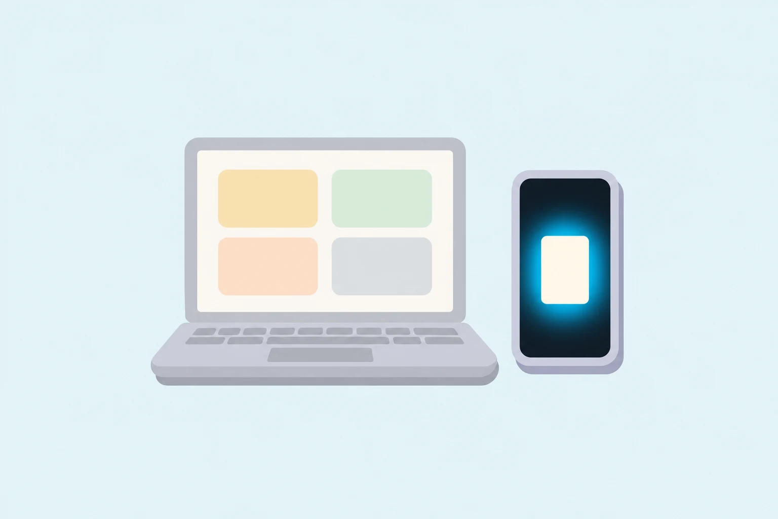 An open grey laptop whose screen shows four soft pastel panels stands beside a smaller phone with a dark screen, where one blank card shape sits inside a cyan glow, on a pale sky-blue background.