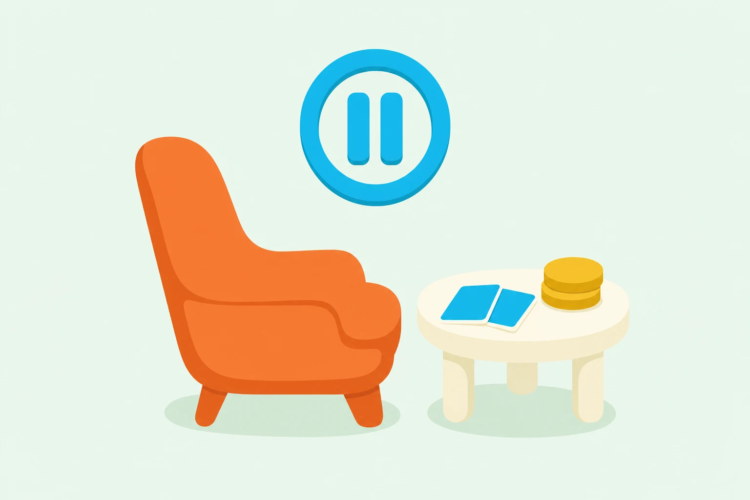 Flat illustration of an empty orange armchair pushed back from a small cream side table holding two face-down cyan playing cards and a short stack of yellow chips, with a large cyan pause symbol floating above the chair.
