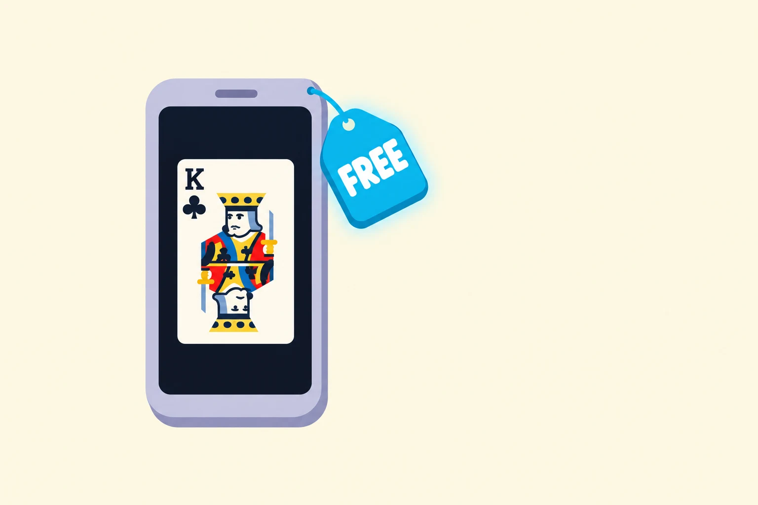 A lavender phone on a cream background shows the king of clubs on its dark screen. A cyan price tag reading FREE hangs from the phone's top corner on a thin string, with a soft cyan glow around it.