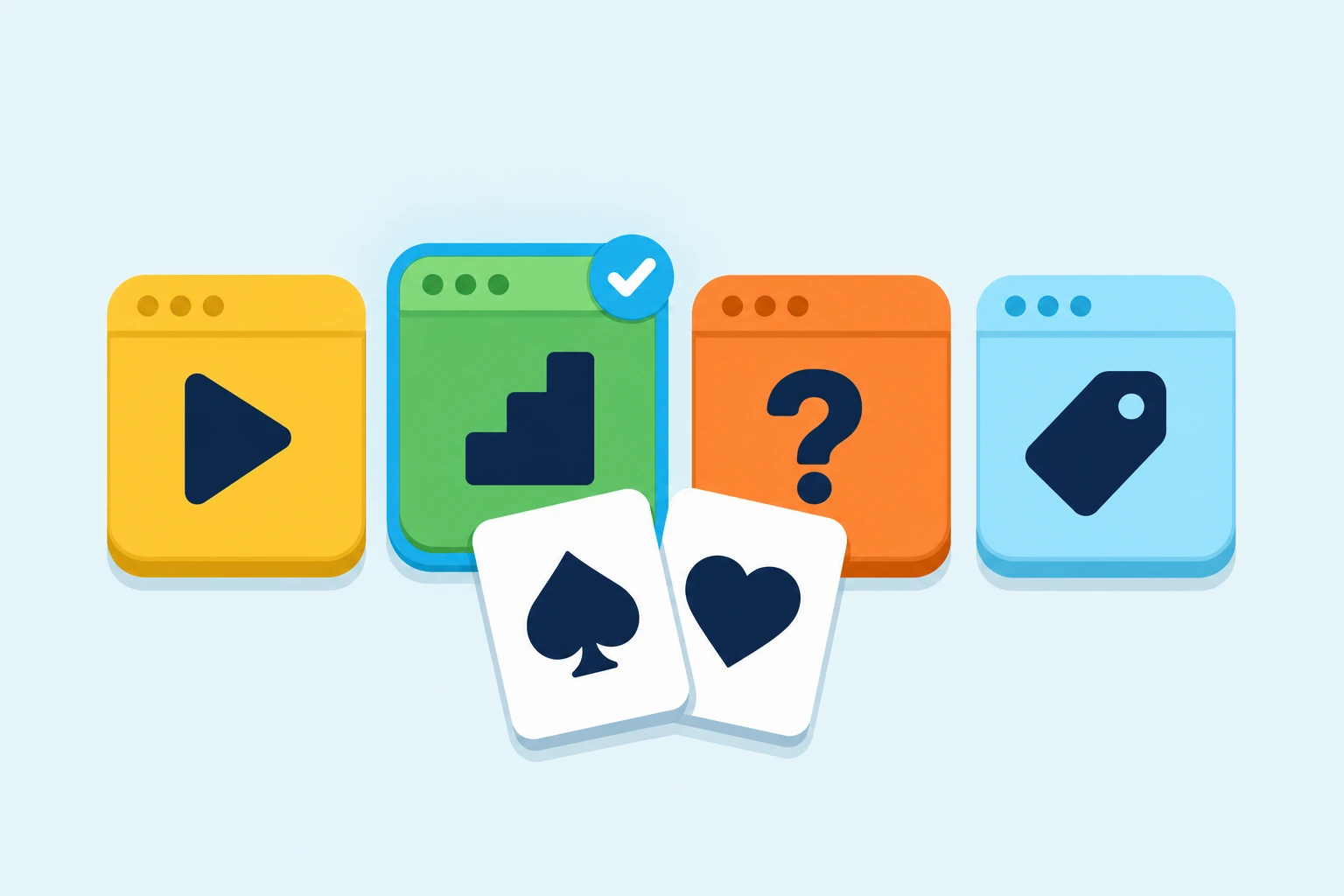 Flat vector illustration on a pale sky background: four chunky browser-window tiles in a row holding a play triangle, a step ladder, a question mark and a price tag, with two white playing cards showing a navy spade and a navy heart in front of them. The green ladder tile is ringed in cyan with a cyan check badge.