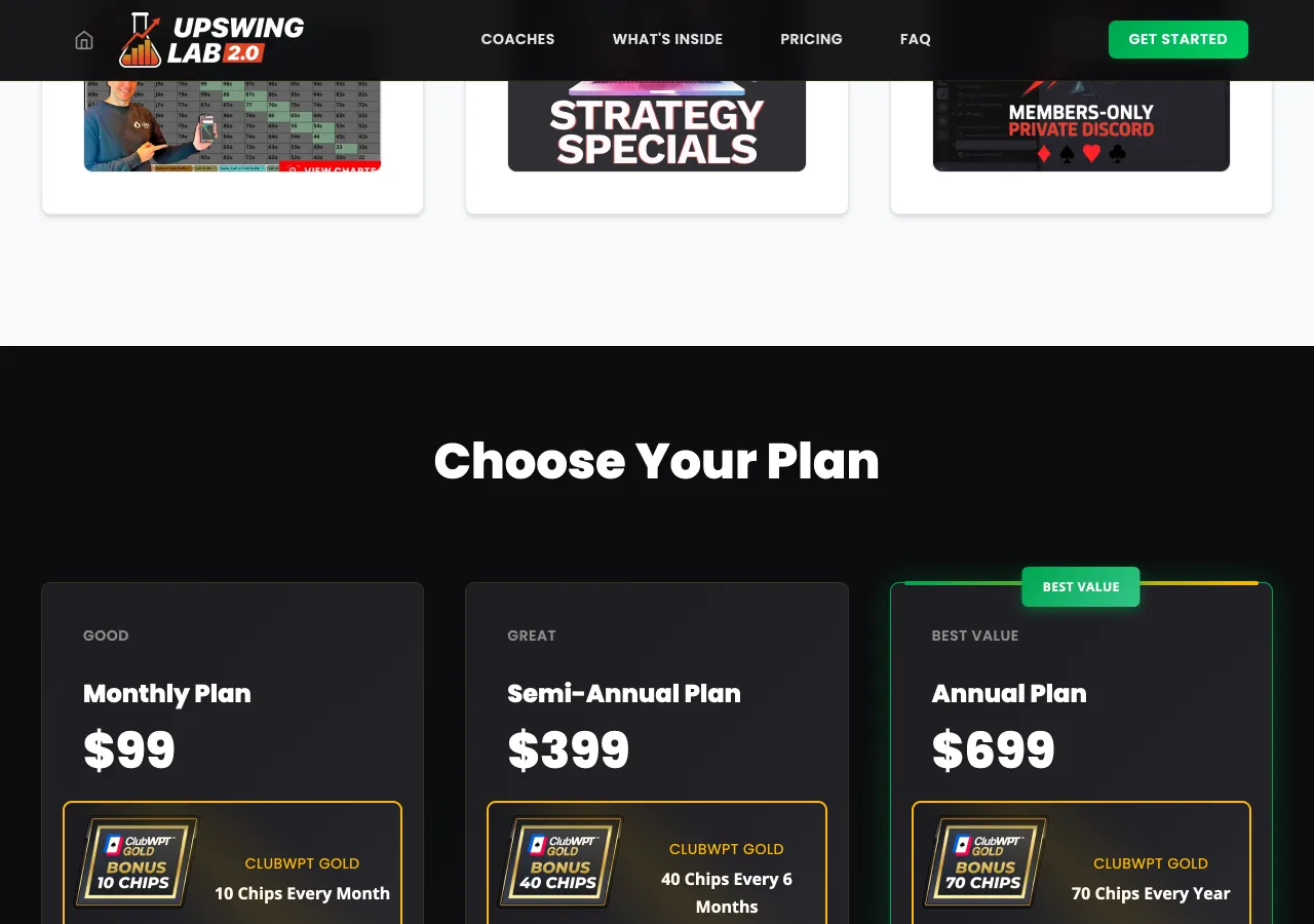 Upswing Lab 2.0 pricing screen with three plan cards side by side: Monthly $99, Semi-Annual $399, and Annual $699 marked best value, each card showing its bonus-chips row under the price.
