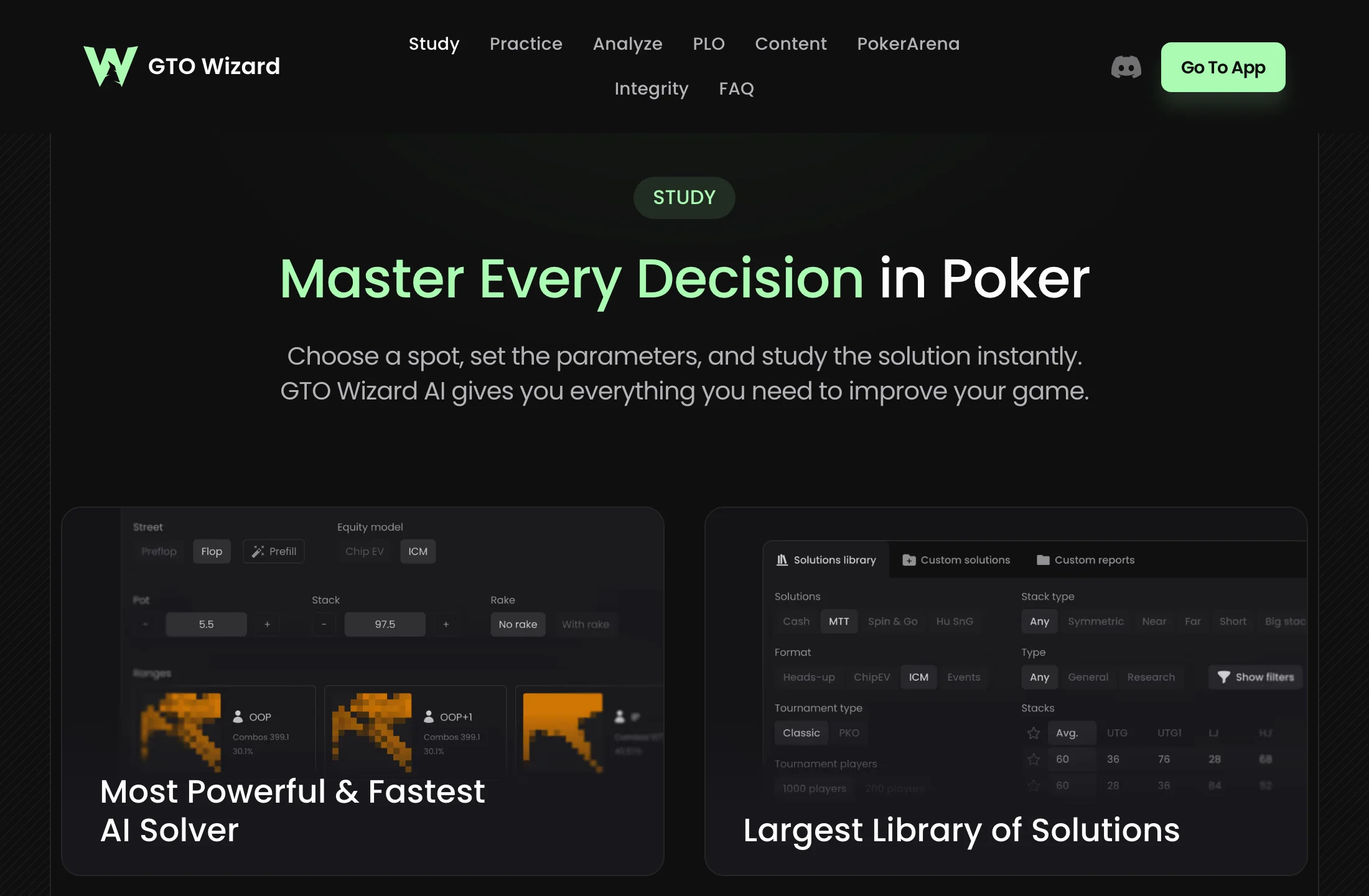 GTO Wizard home page section headed Study, Master Every Decision in Poker, which tells you to choose a spot, set the parameters and study the solution instantly, above panels titled Most Powerful & Fastest AI Solver and Largest Library of Solutions.